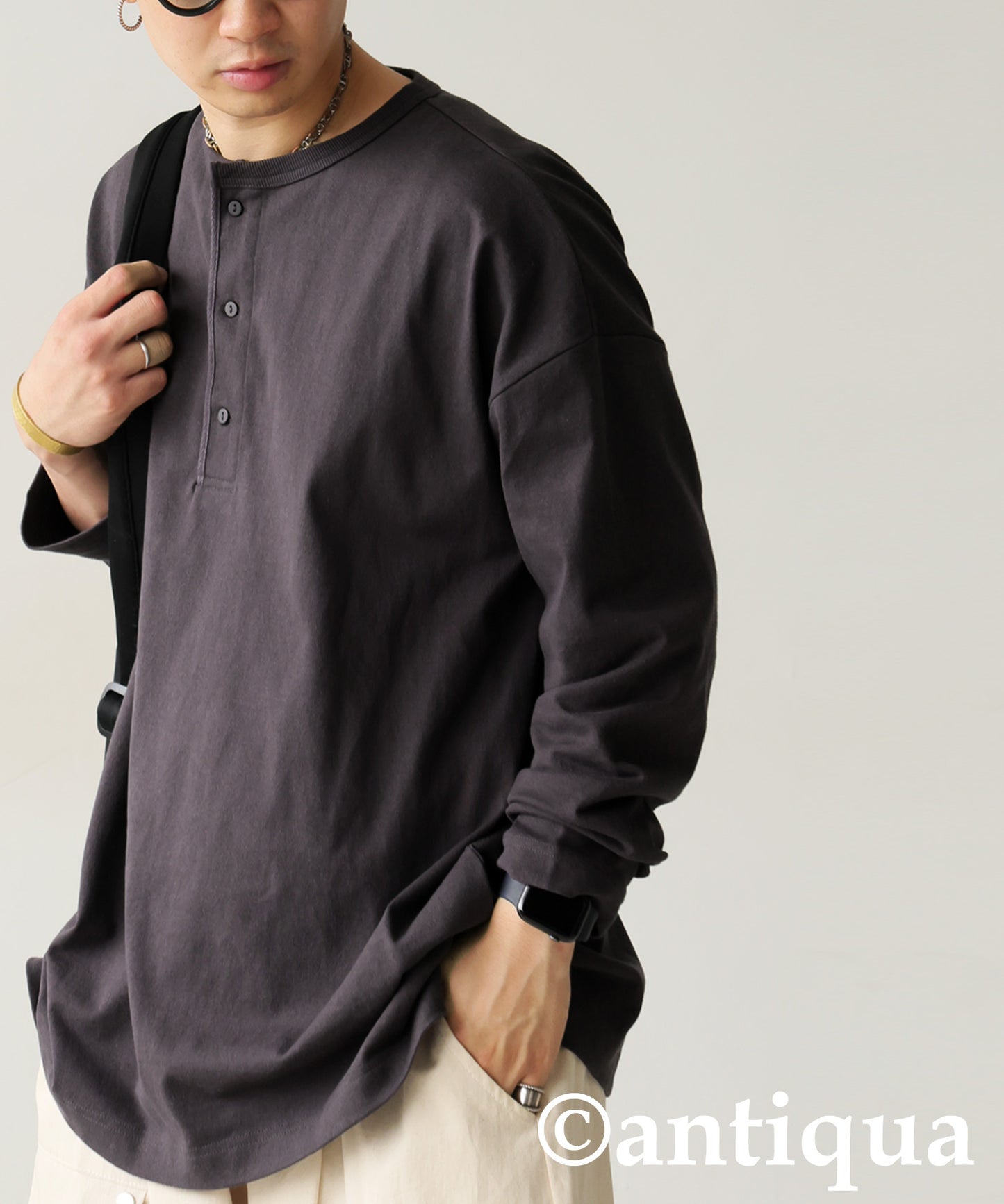 Henley Neck Basque Long T-Shirt Men's