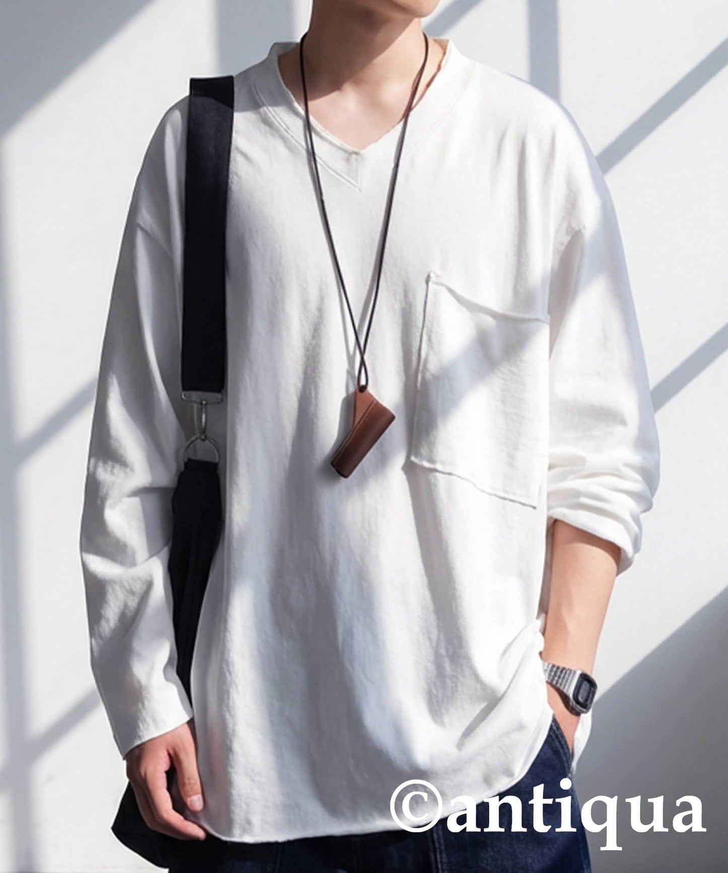 Cut-Off V-Neck Long T-Shirt Men's