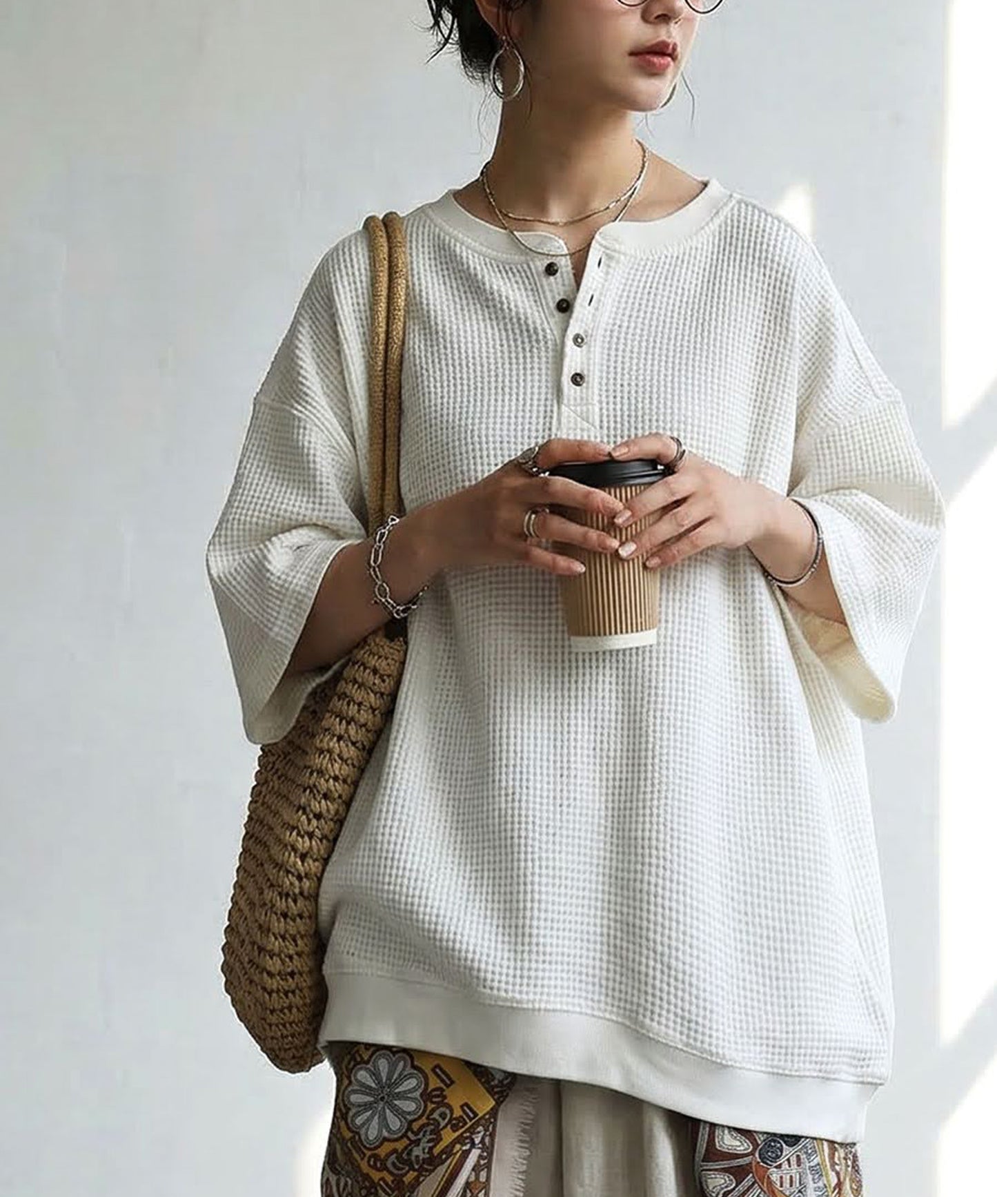 Waffle Knit 100% Cotton Henley Neck T-Shirt Ladies