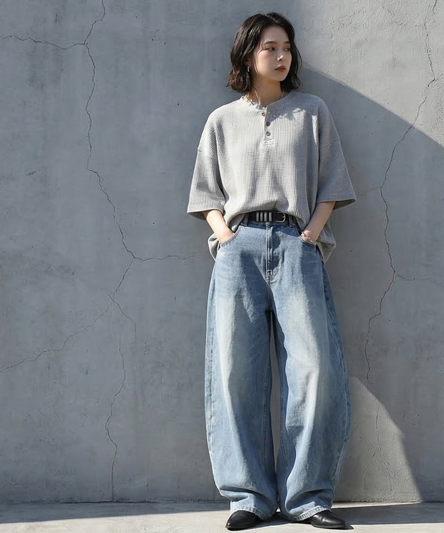 Waffle Knit 100% Cotton Henley Neck T-Shirt Ladies