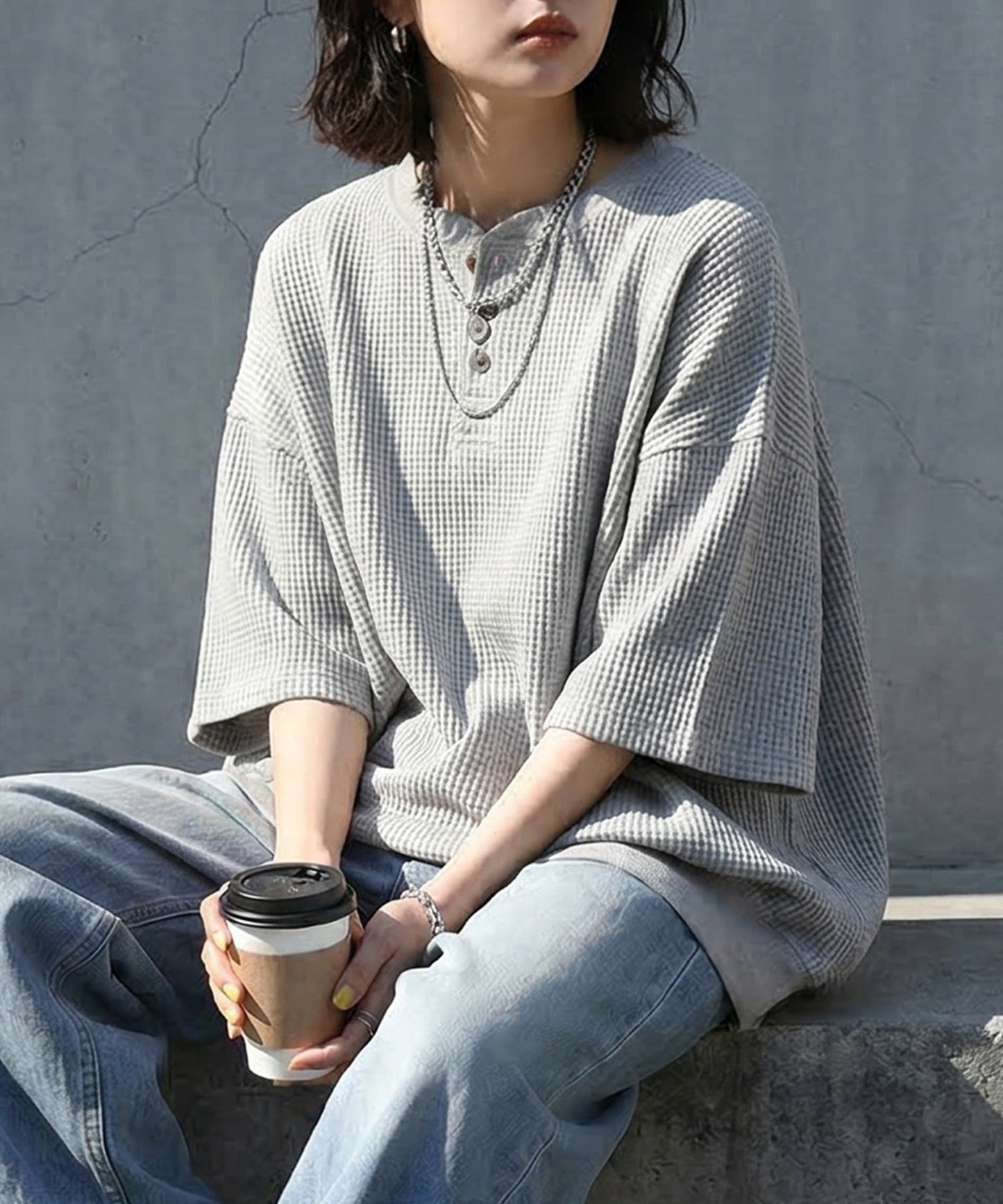 Waffle Knit 100% Cotton Henley Neck T-Shirt Ladies