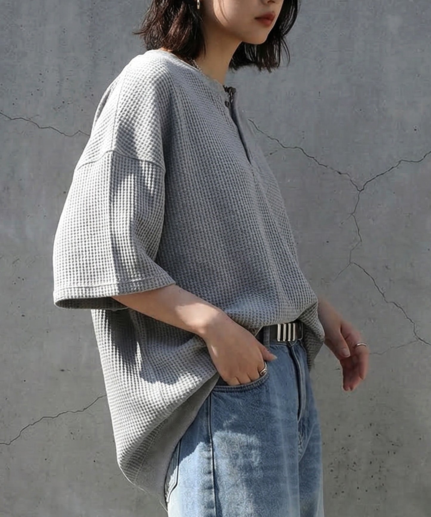 Waffle Knit 100% Cotton Henley Neck T-Shirt Ladies