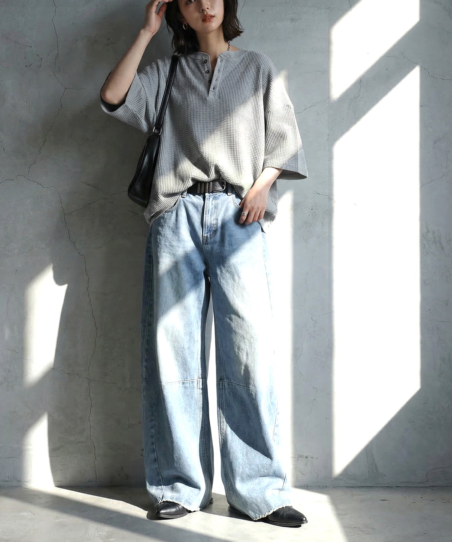 Waffle Knit 100% Cotton Henley Neck T-Shirt Ladies