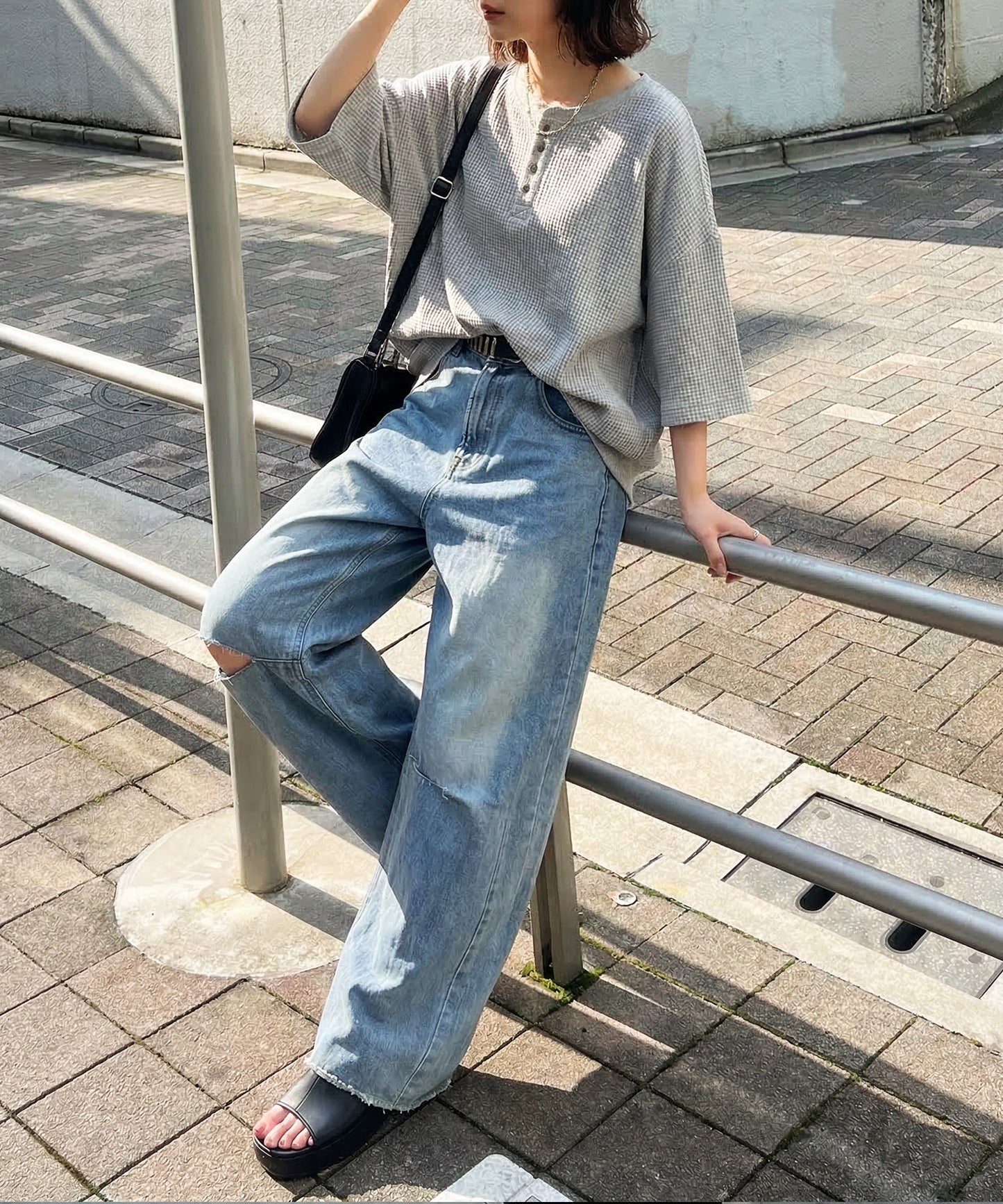 Waffle Knit 100% Cotton Henley Neck T-Shirt Ladies