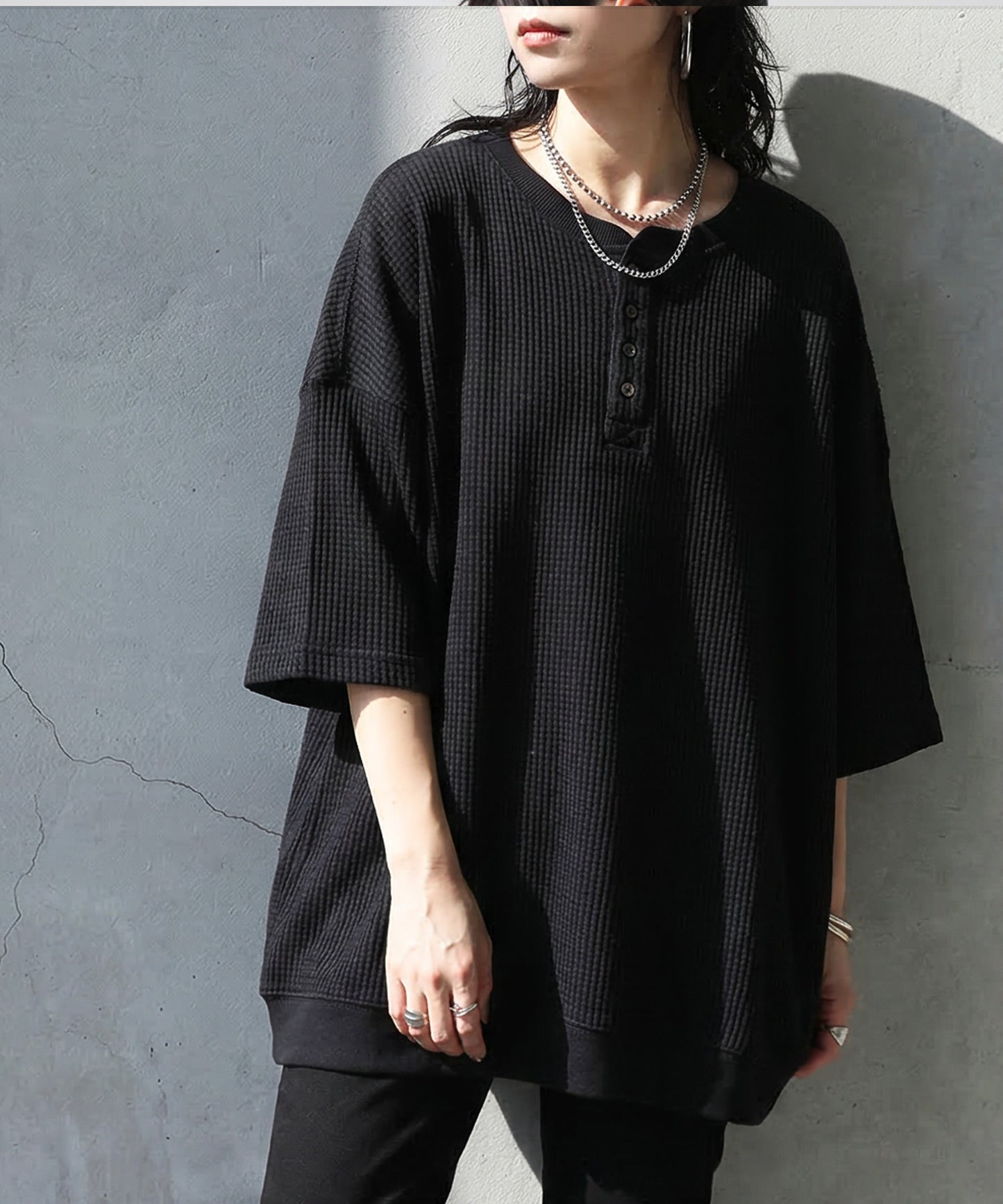 Waffle Knit 100% Cotton Henley Neck T-Shirt Ladies