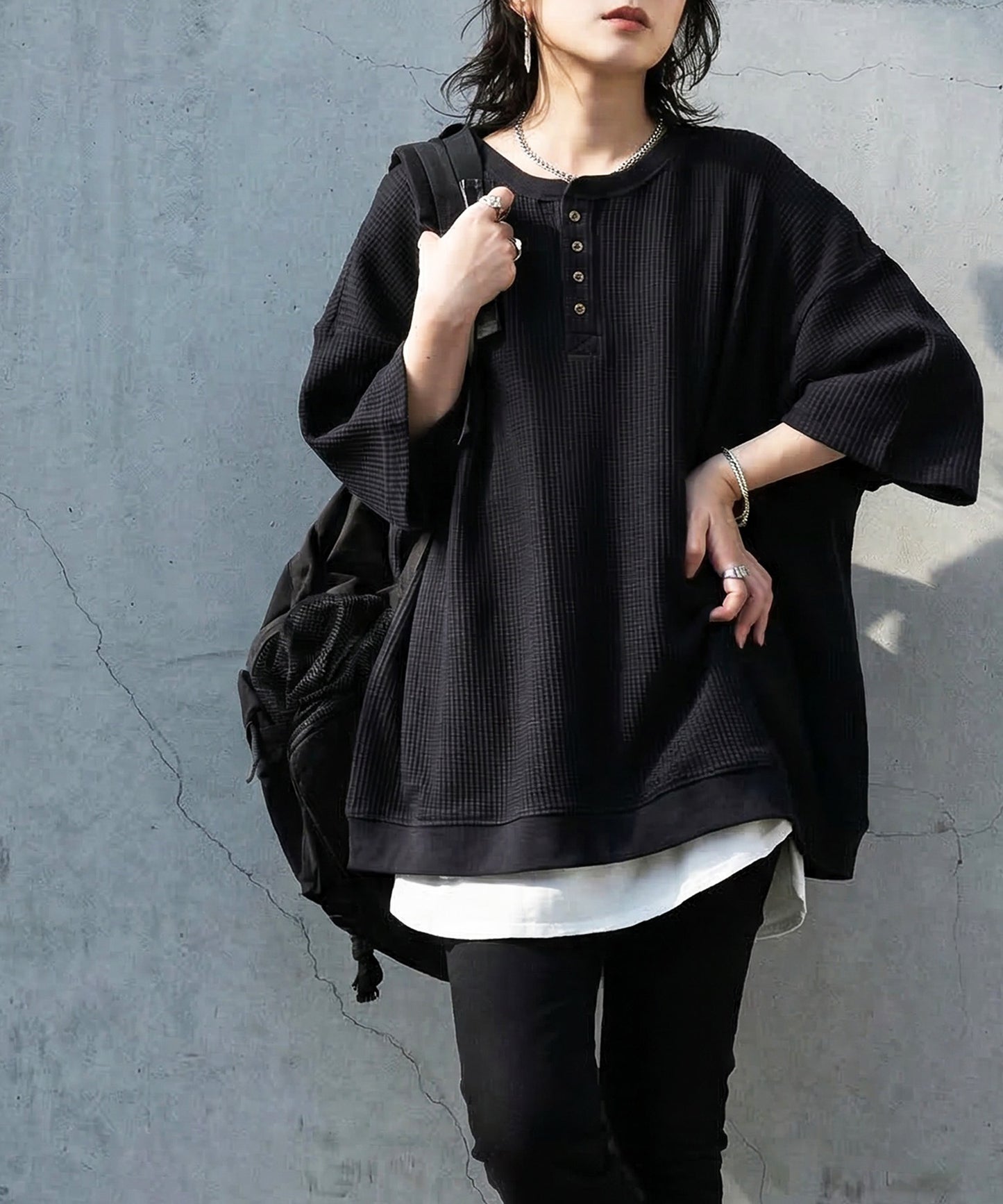 Waffle Knit 100% Cotton Henley Neck T-Shirt Ladies