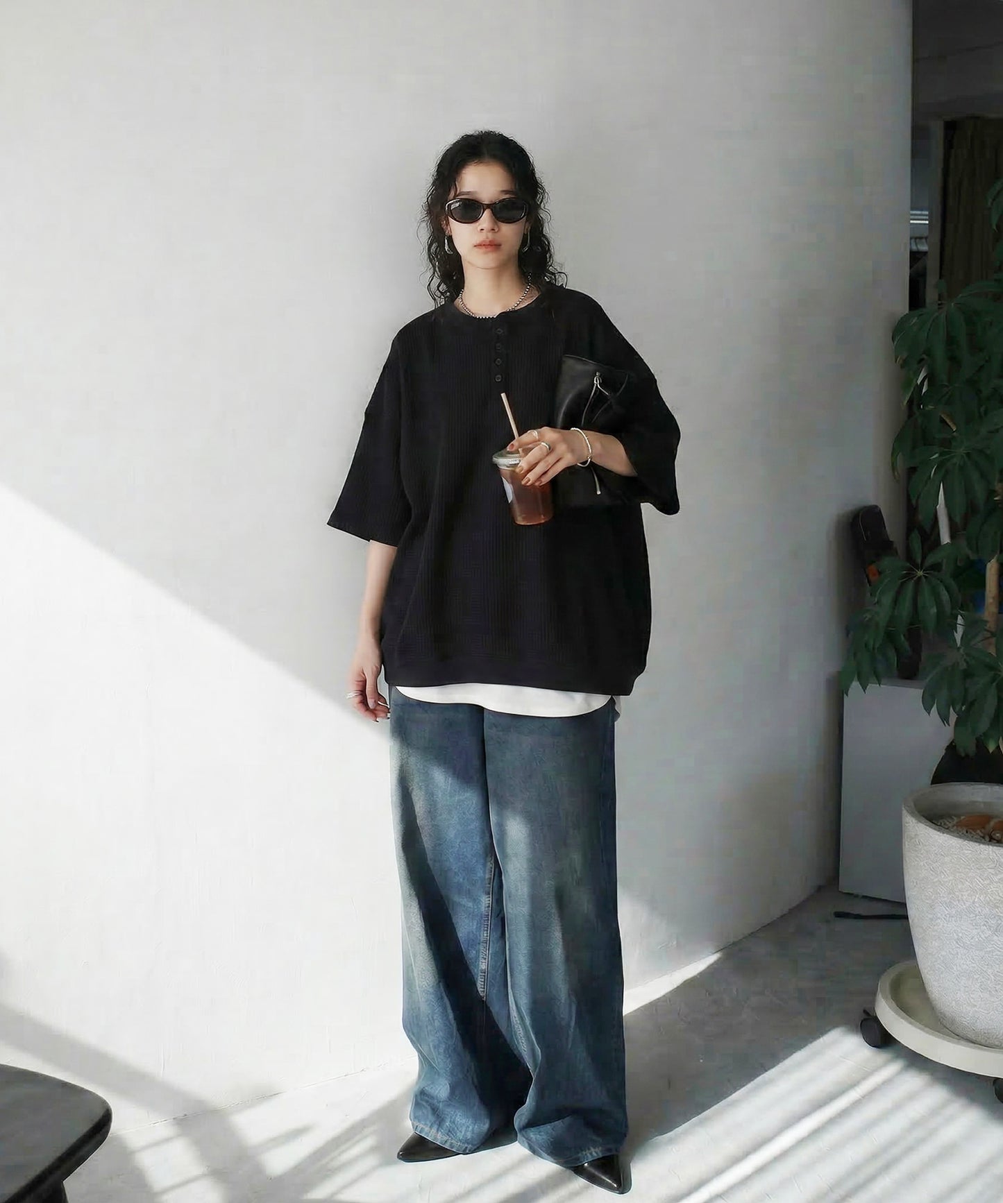 Waffle Knit 100% Cotton Henley Neck T-Shirt Ladies