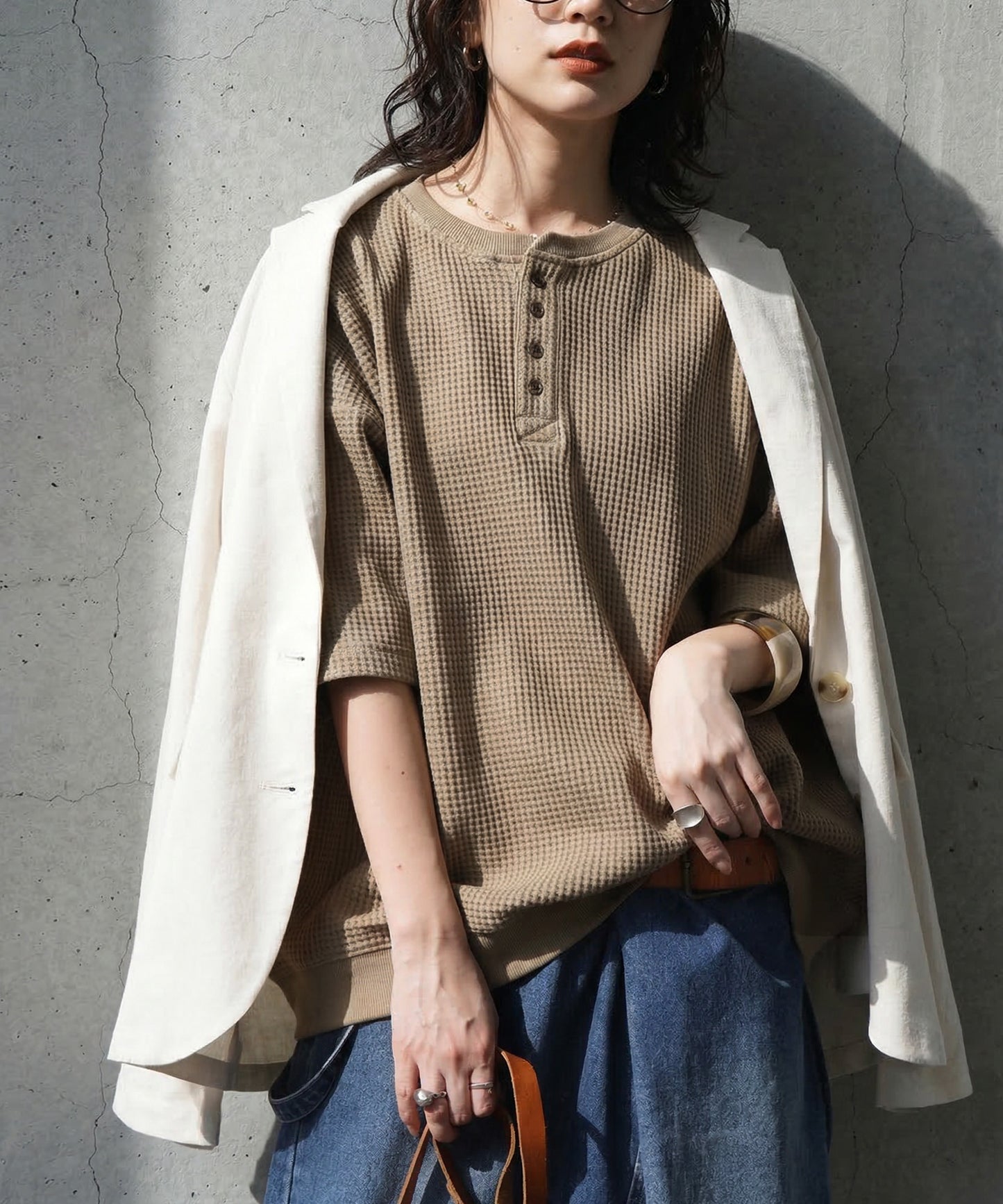 Waffle Knit 100% Cotton Henley Neck T-Shirt Ladies