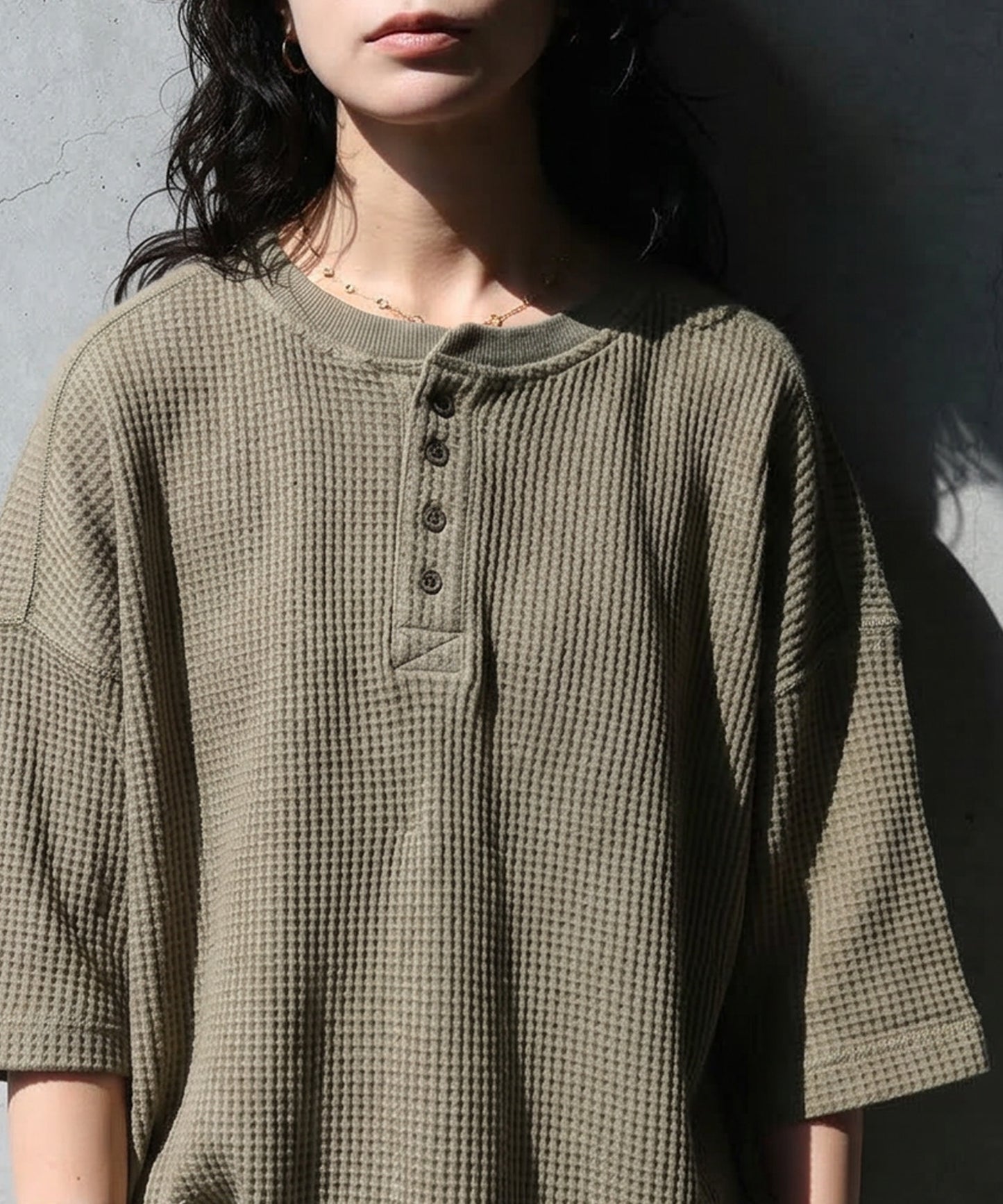 Waffle Knit 100% Cotton Henley Neck T-Shirt Ladies