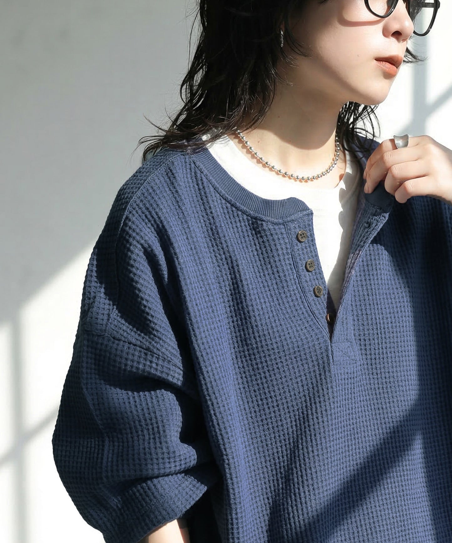 Waffle Knit 100% Cotton Henley Neck T-Shirt Ladies