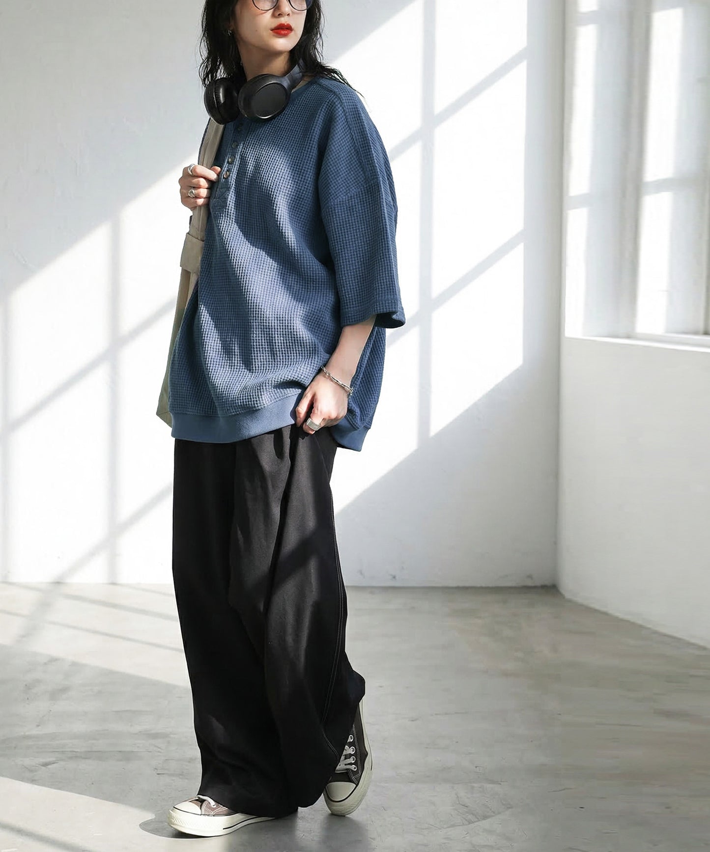 Waffle Knit 100% Cotton Henley Neck T-Shirt Ladies