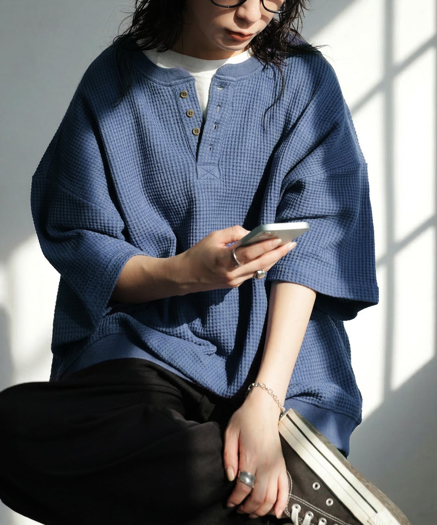 Waffle Knit 100% Cotton Henley Neck T-Shirt Ladies