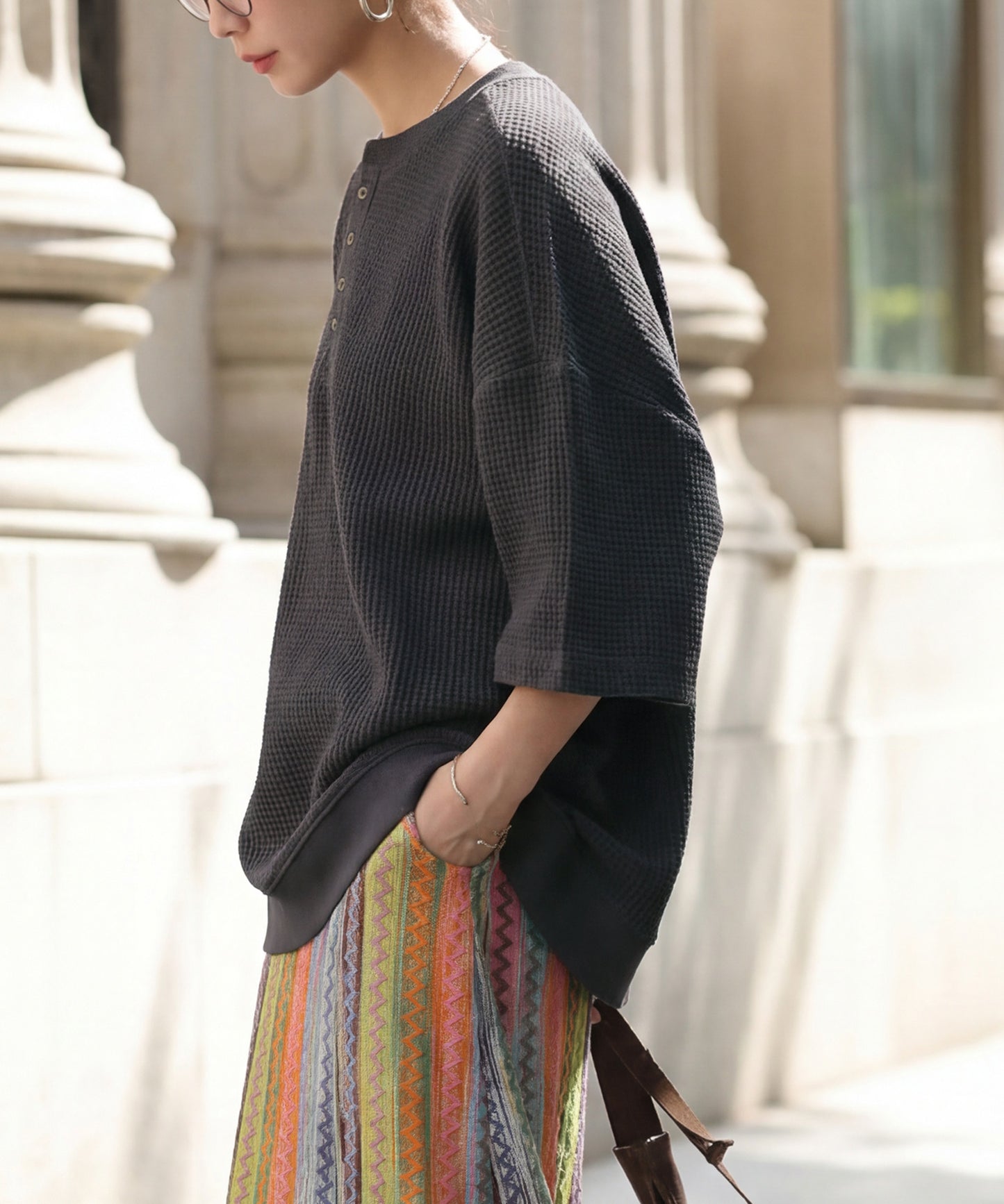 Waffle Knit 100% Cotton Henley Neck T-Shirt Ladies