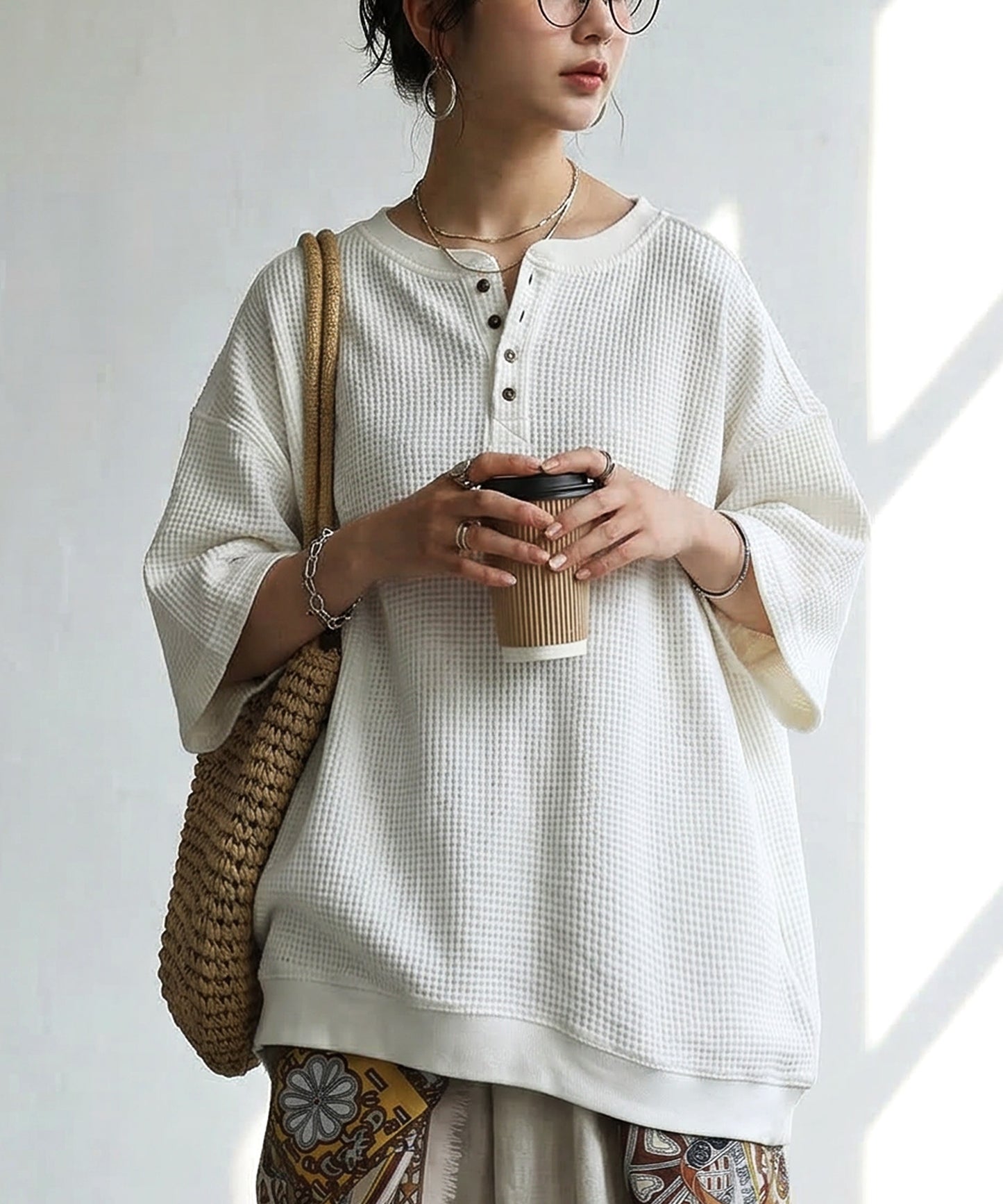 Waffle Knit 100% Cotton Henley Neck T-Shirt Ladies