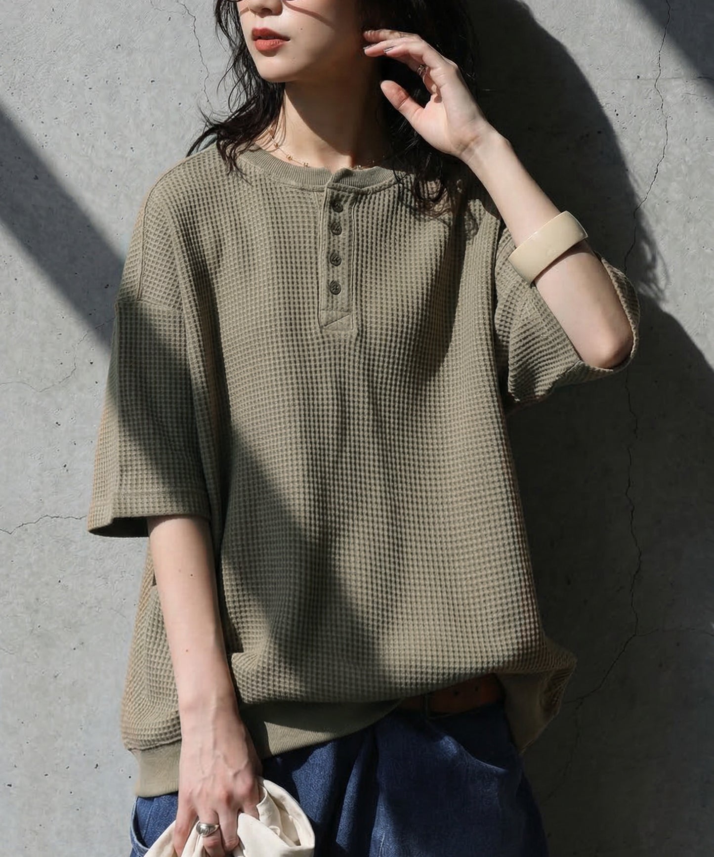 Waffle Knit 100% Cotton Henley Neck T-Shirt Ladies