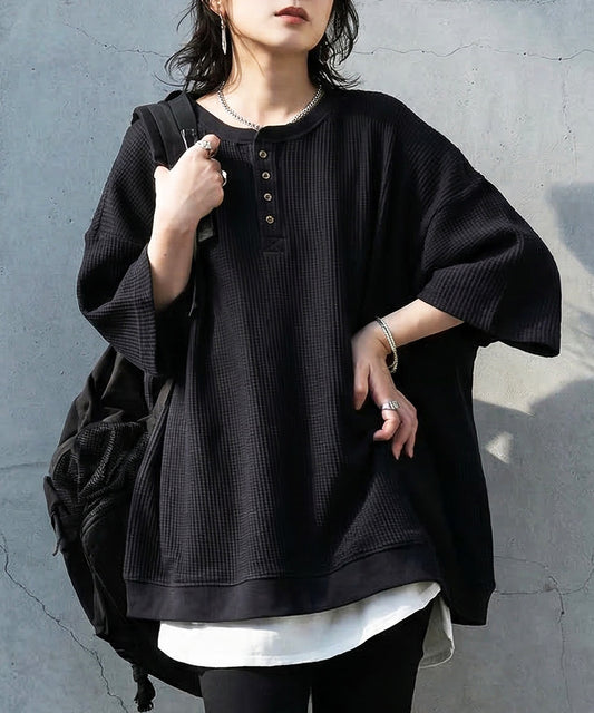 Waffle Knit 100% Cotton Henley Neck T-Shirt Ladies