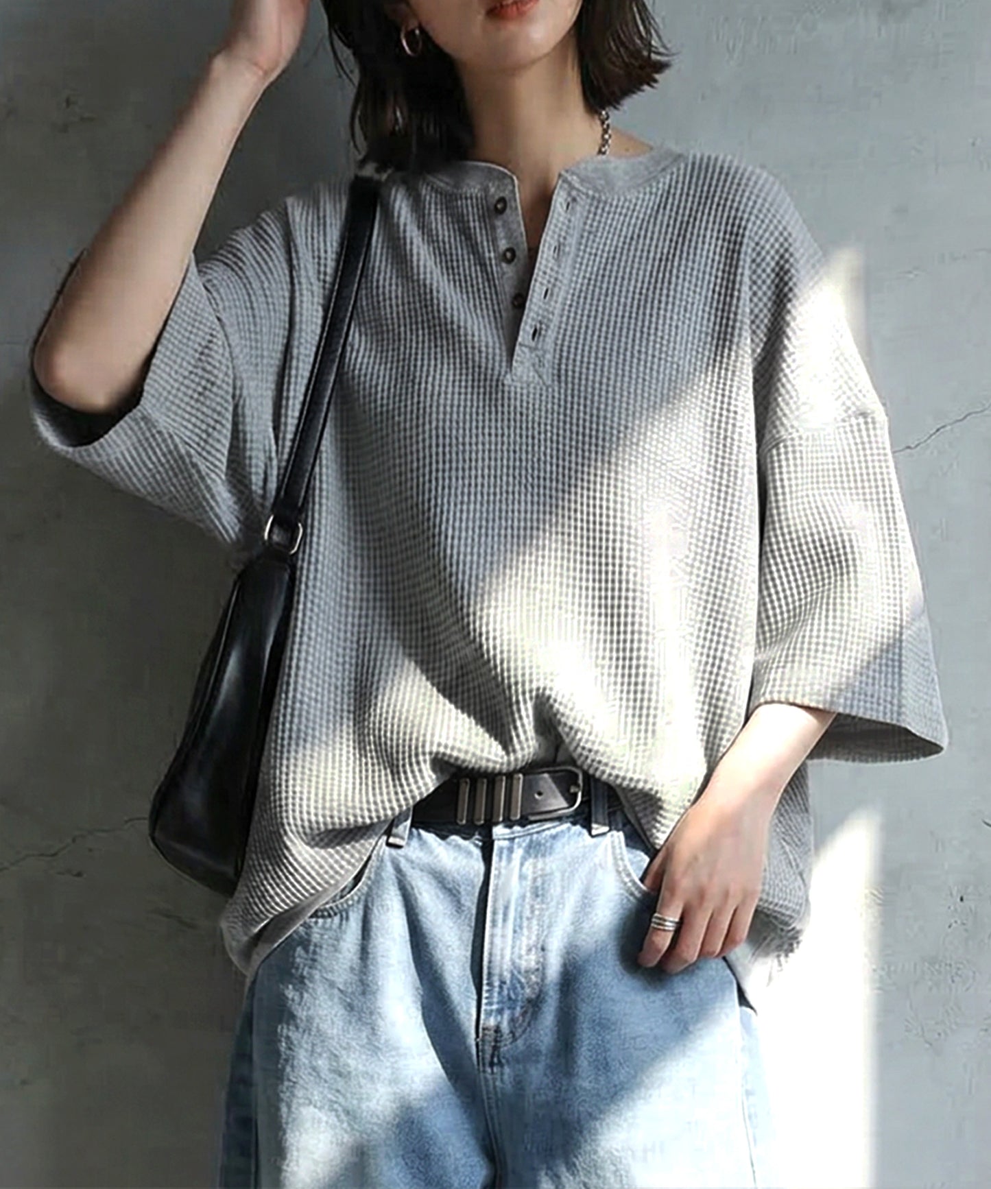 Waffle Knit 100% Cotton Henley Neck T-Shirt Ladies