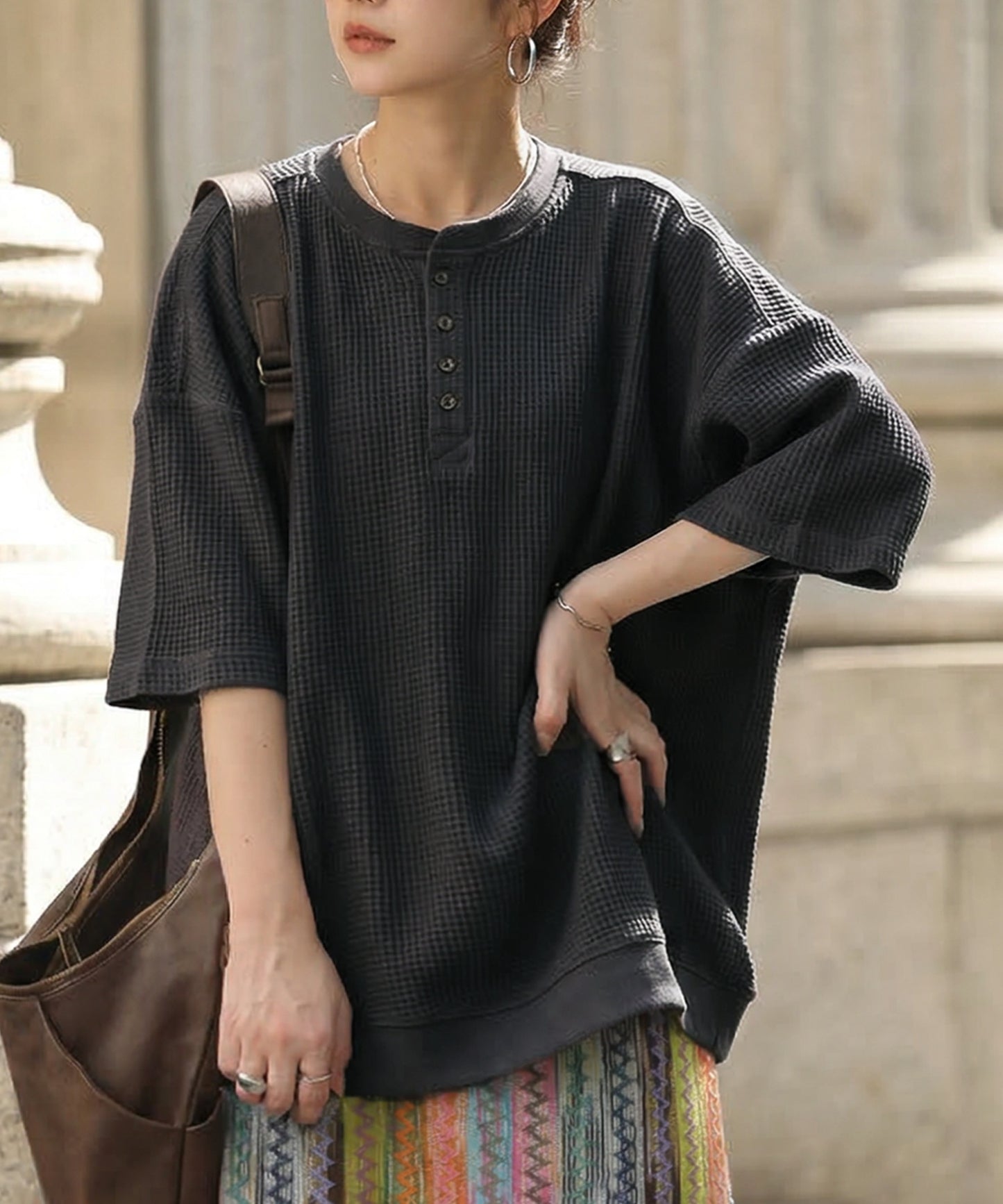 Waffle Knit 100% Cotton Henley Neck T-Shirt Ladies