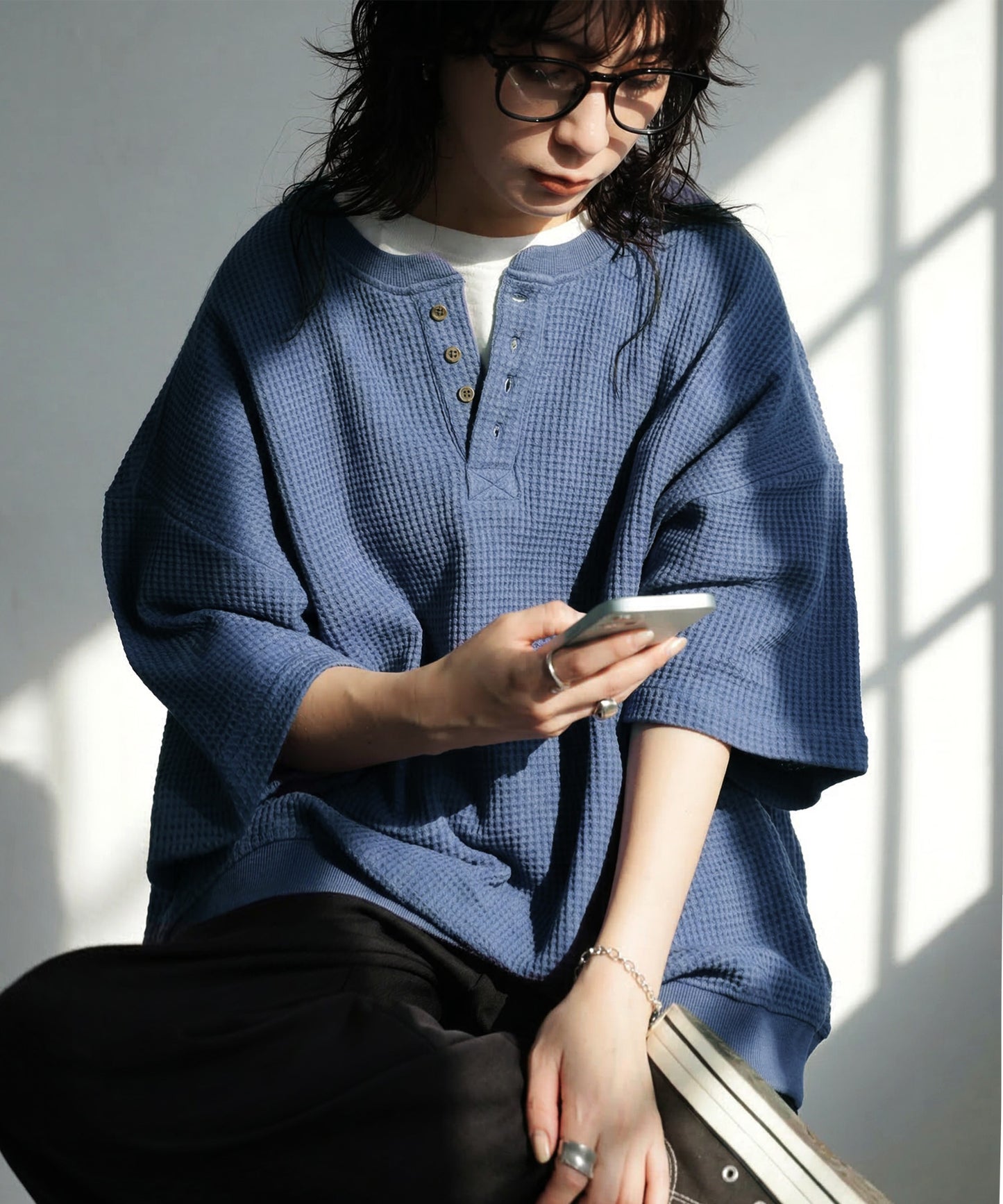 Waffle Knit 100% Cotton Henley Neck T-Shirt Ladies