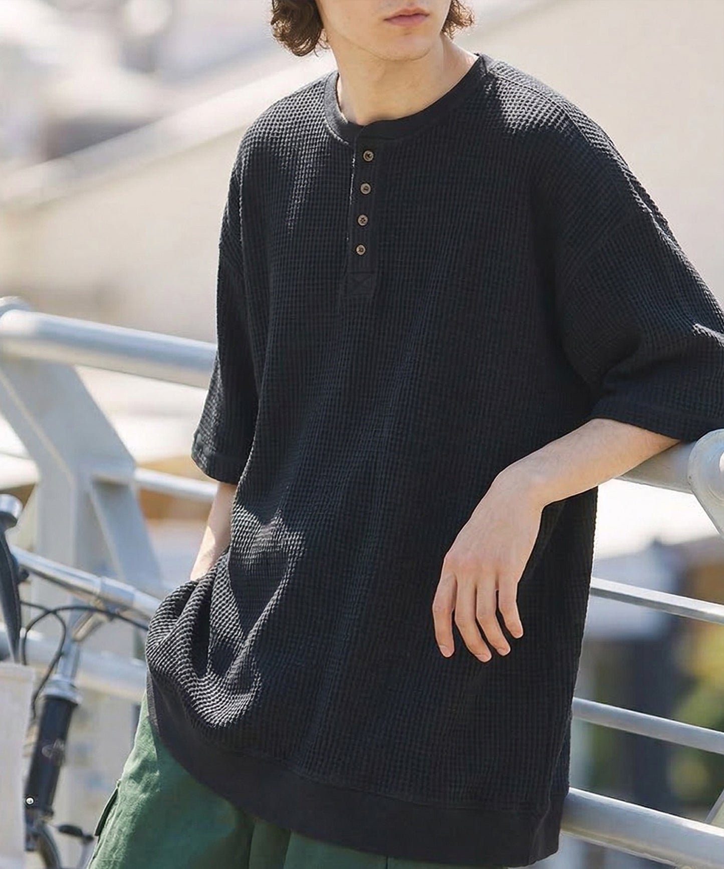 Waffle Knit 100% Cotton Henley Neck T-Shirt Men’s