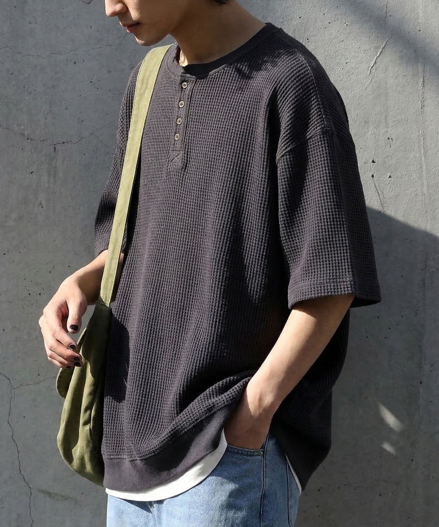 Waffle Knit 100% Cotton Henley Neck T-Shirt Men’s