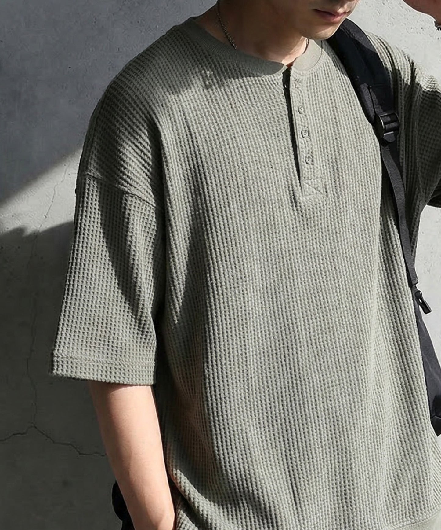 Waffle Knit 100% Cotton Henley Neck T-Shirt Men’s