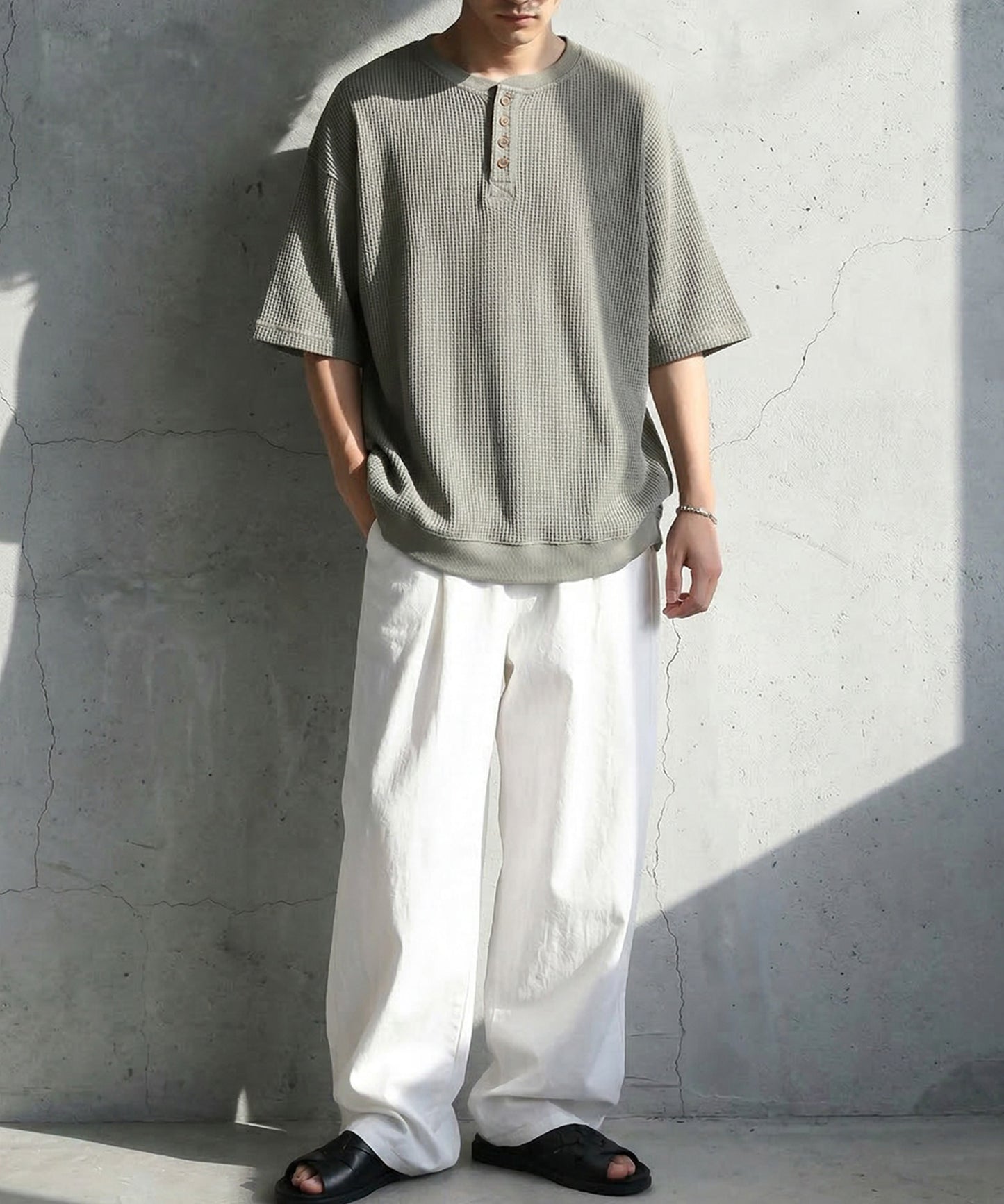Waffle Knit 100% Cotton Henley Neck T-Shirt Men’s