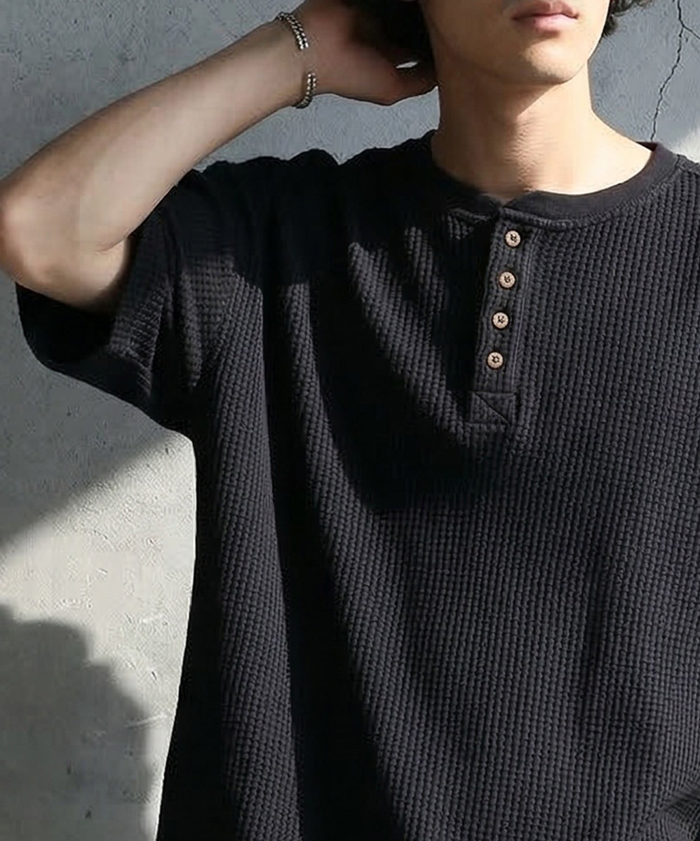 Waffle Knit 100% Cotton Henley Neck T-Shirt Men’s