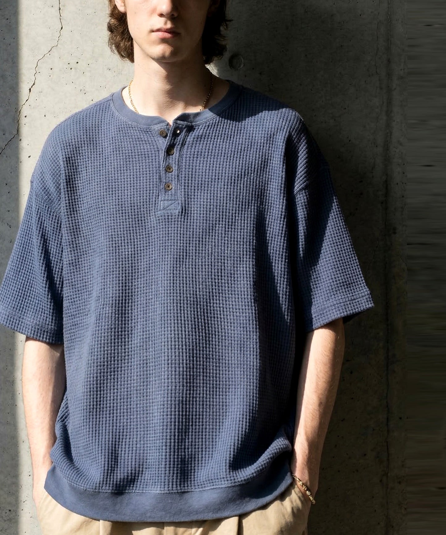 Waffle Knit 100% Cotton Henley Neck T-Shirt Men’s