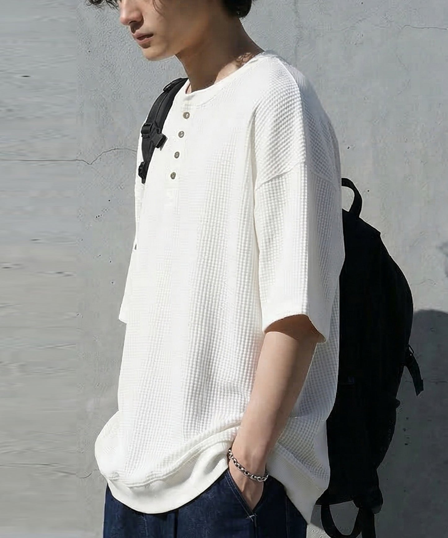 Waffle Knit 100% Cotton Henley Neck T-Shirt Men’s