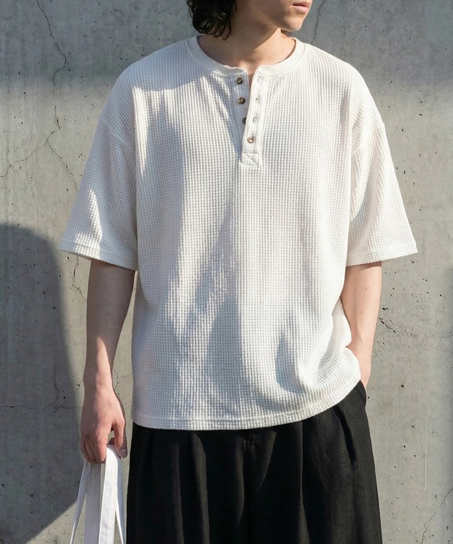 Waffle Knit 100% Cotton Henley Neck T-Shirt Men’s
