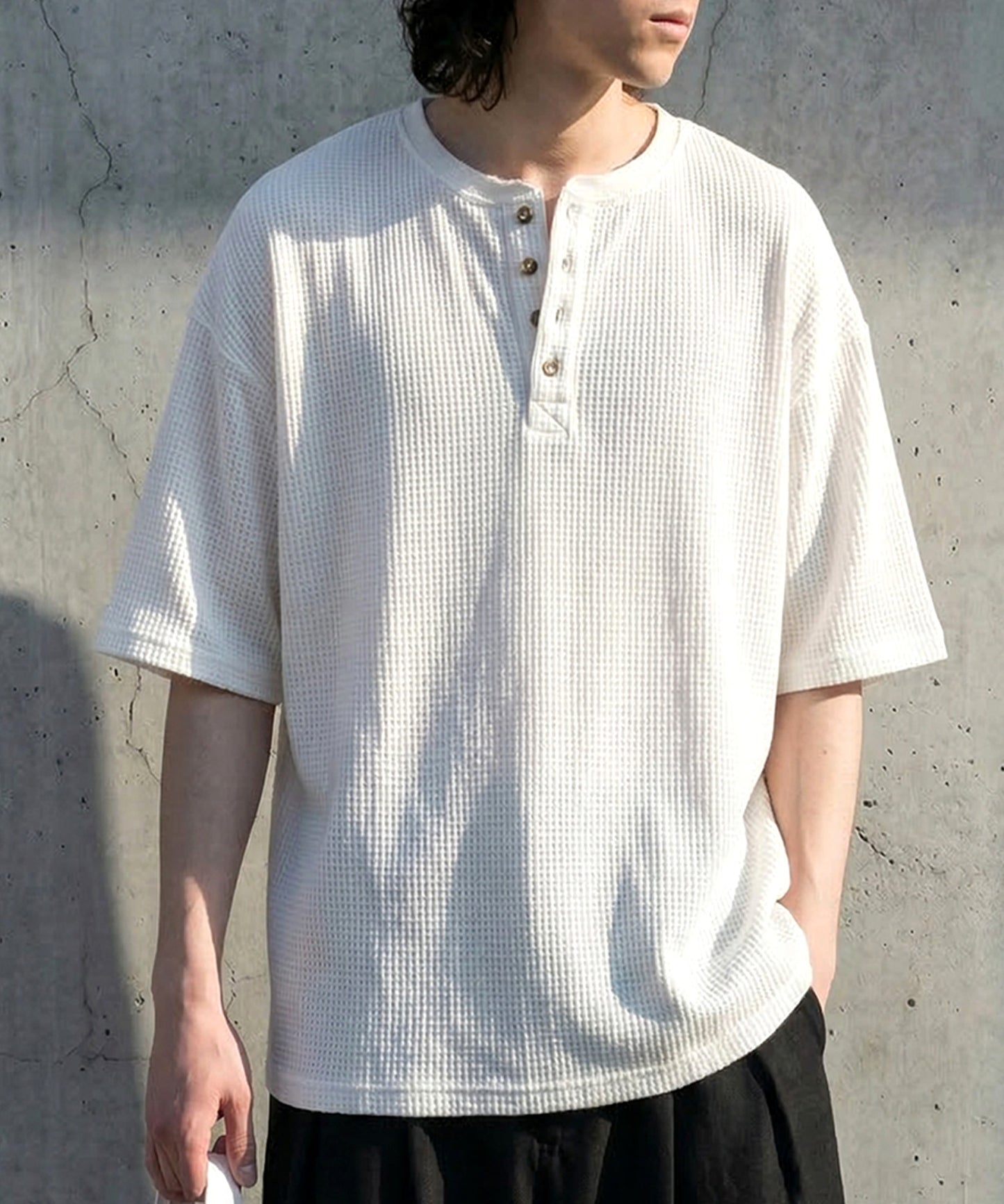 Waffle Knit 100% Cotton Henley Neck T-Shirt Men’s