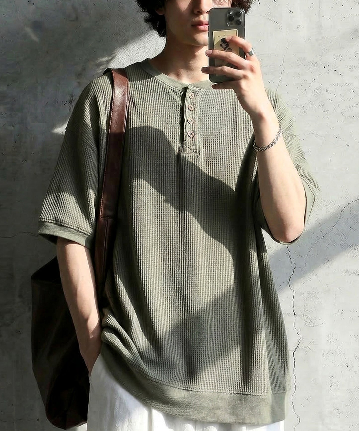 Waffle Knit 100% Cotton Henley Neck T-Shirt Men’s
