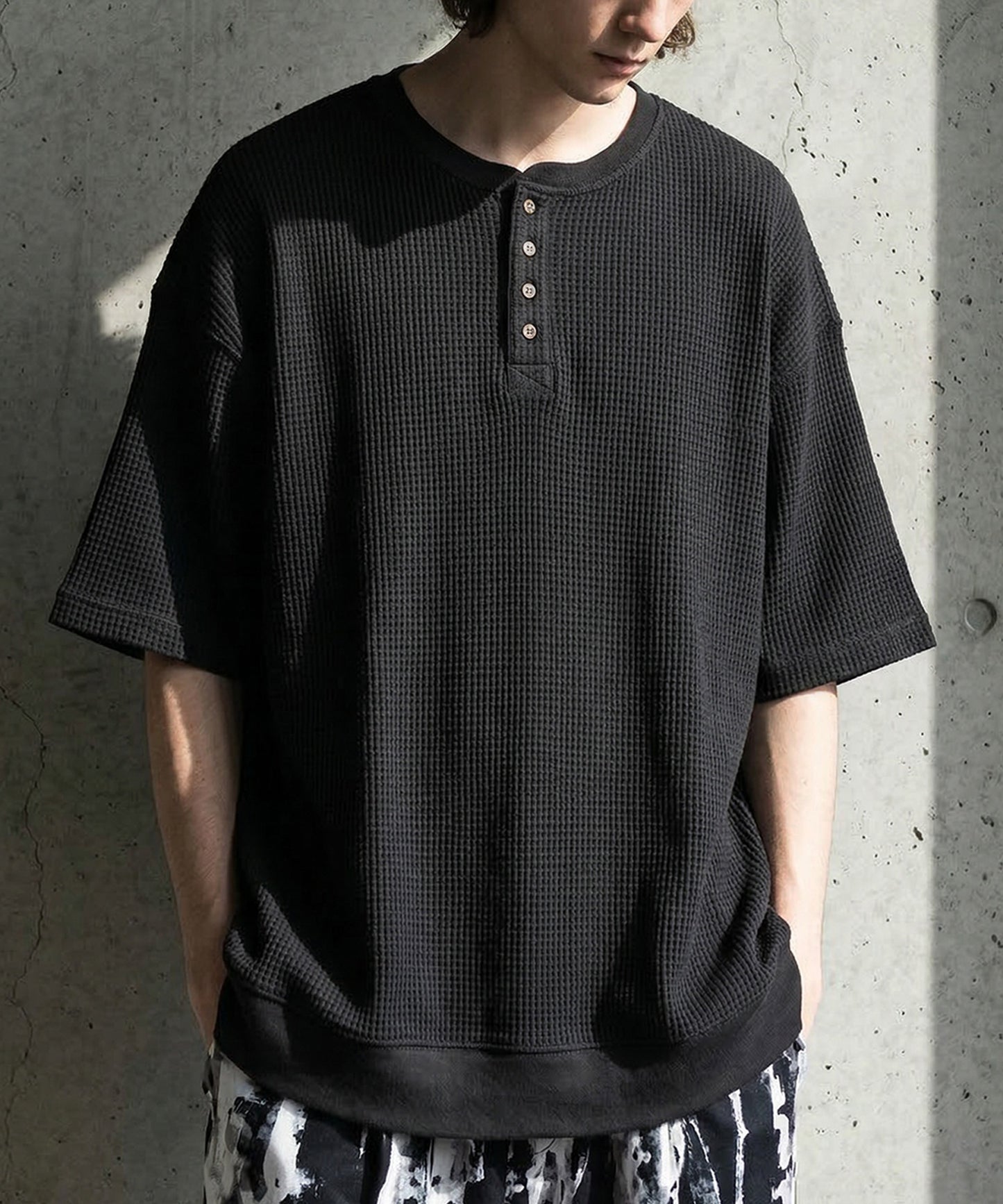 Waffle Knit 100% Cotton Henley Neck T-Shirt Men’s