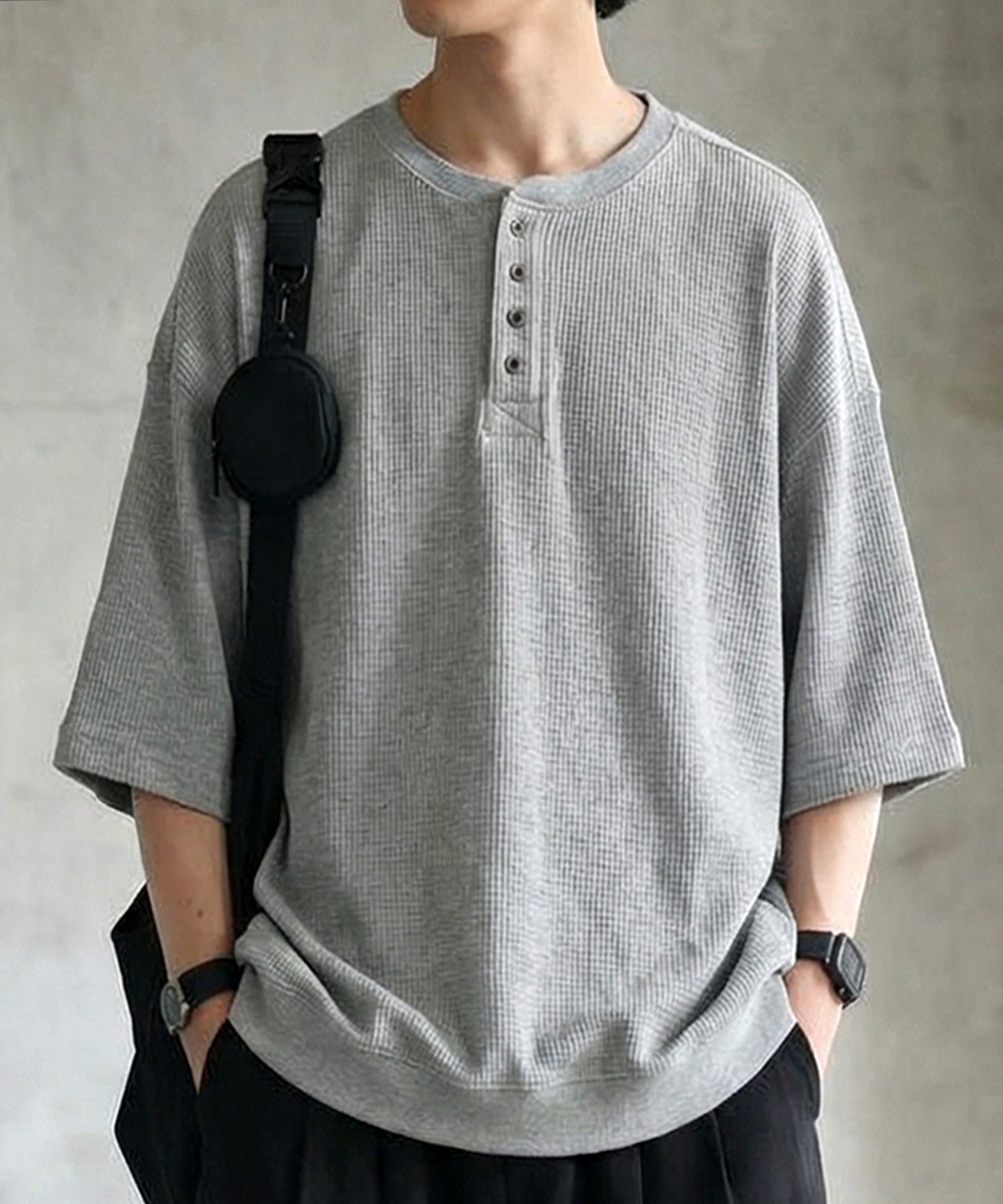Waffle Knit 100% Cotton Henley Neck T-Shirt Men’s
