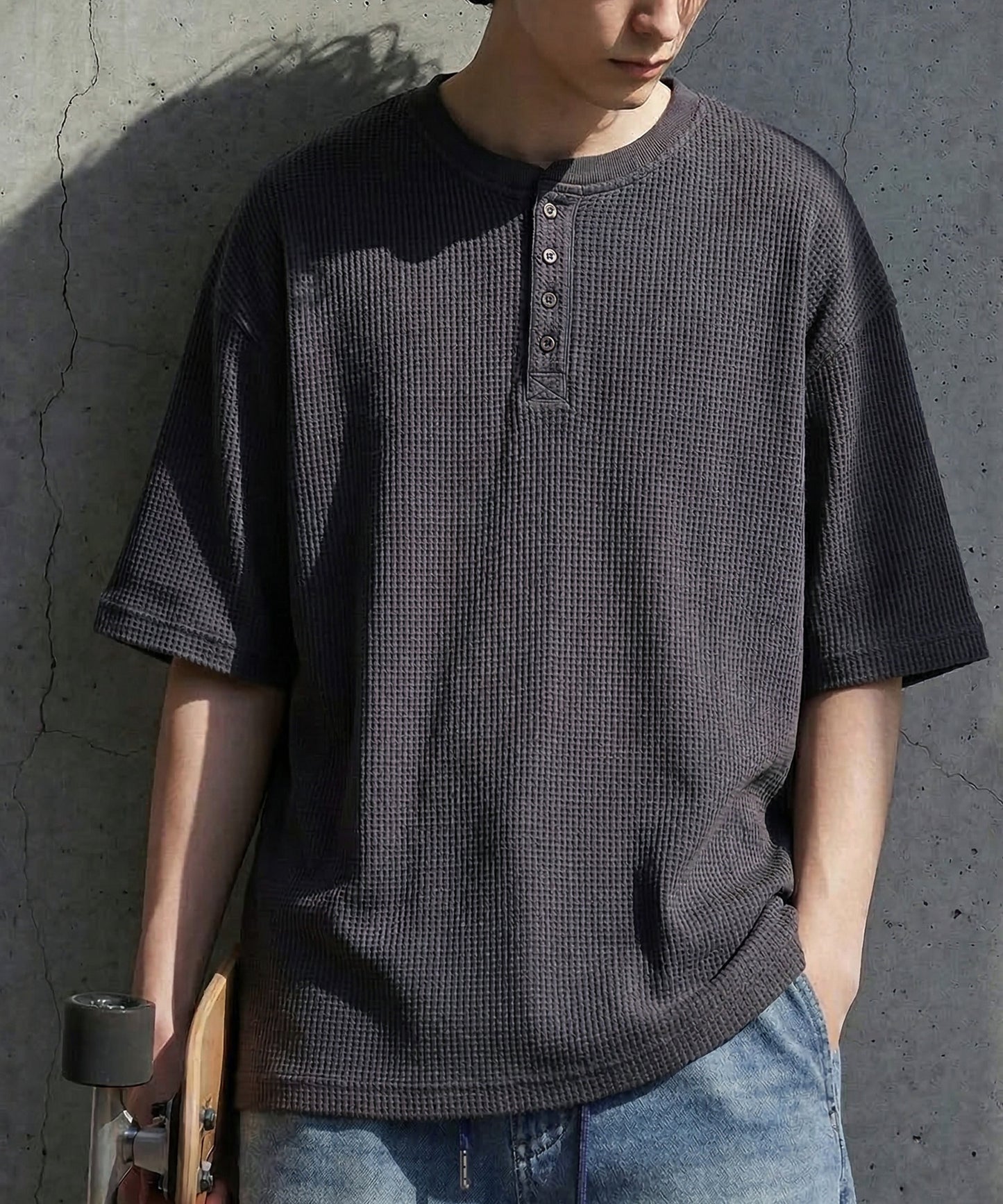 Waffle Knit 100% Cotton Henley Neck T-Shirt Men’s