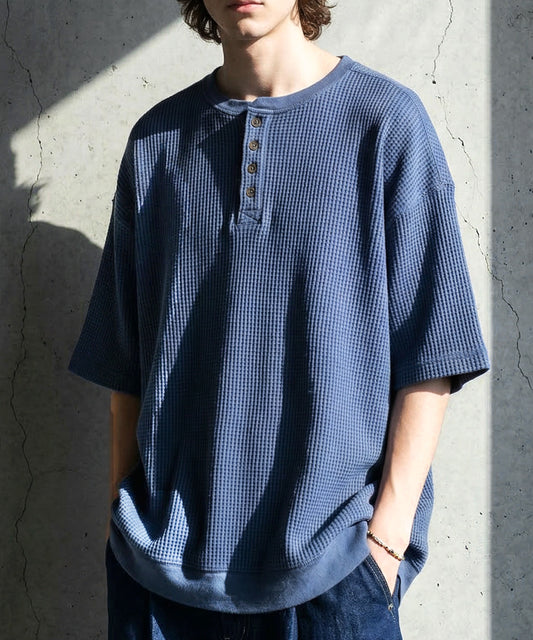 Waffle Knit 100% Cotton Henley Neck T-Shirt Men’s