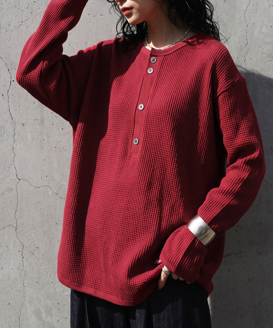 100% Cotton Henley Neck Waffle Knit Top Ladies