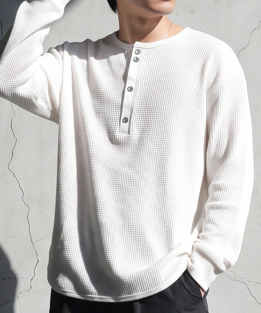 100% Cotton Henley Neck Waffle Knit Top Men’s