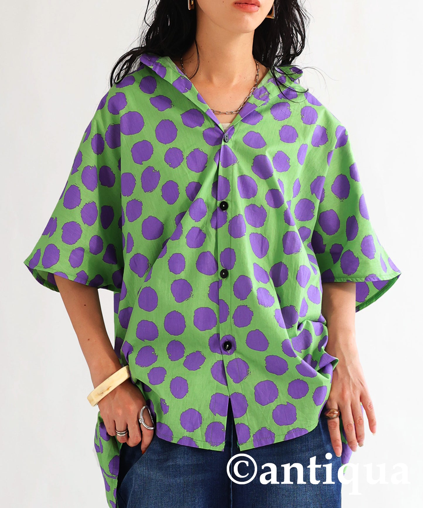 Dot pattern shirt Ladies short-sleeve