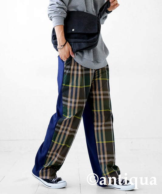 Different material switching check pants Men's