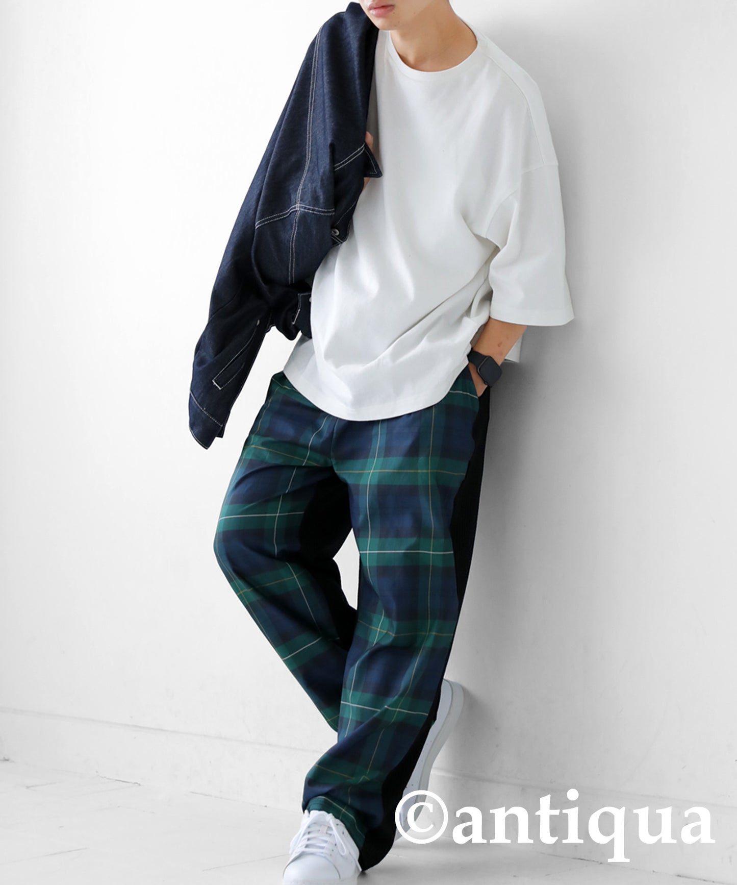 Different material switching check pants Men's