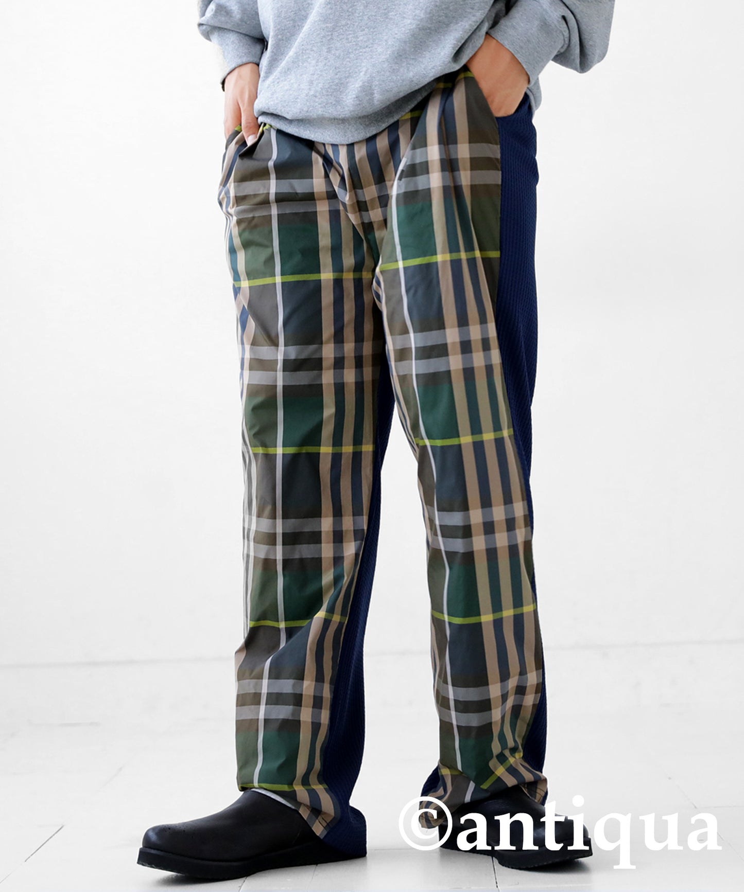 Different material switching check pants Men's