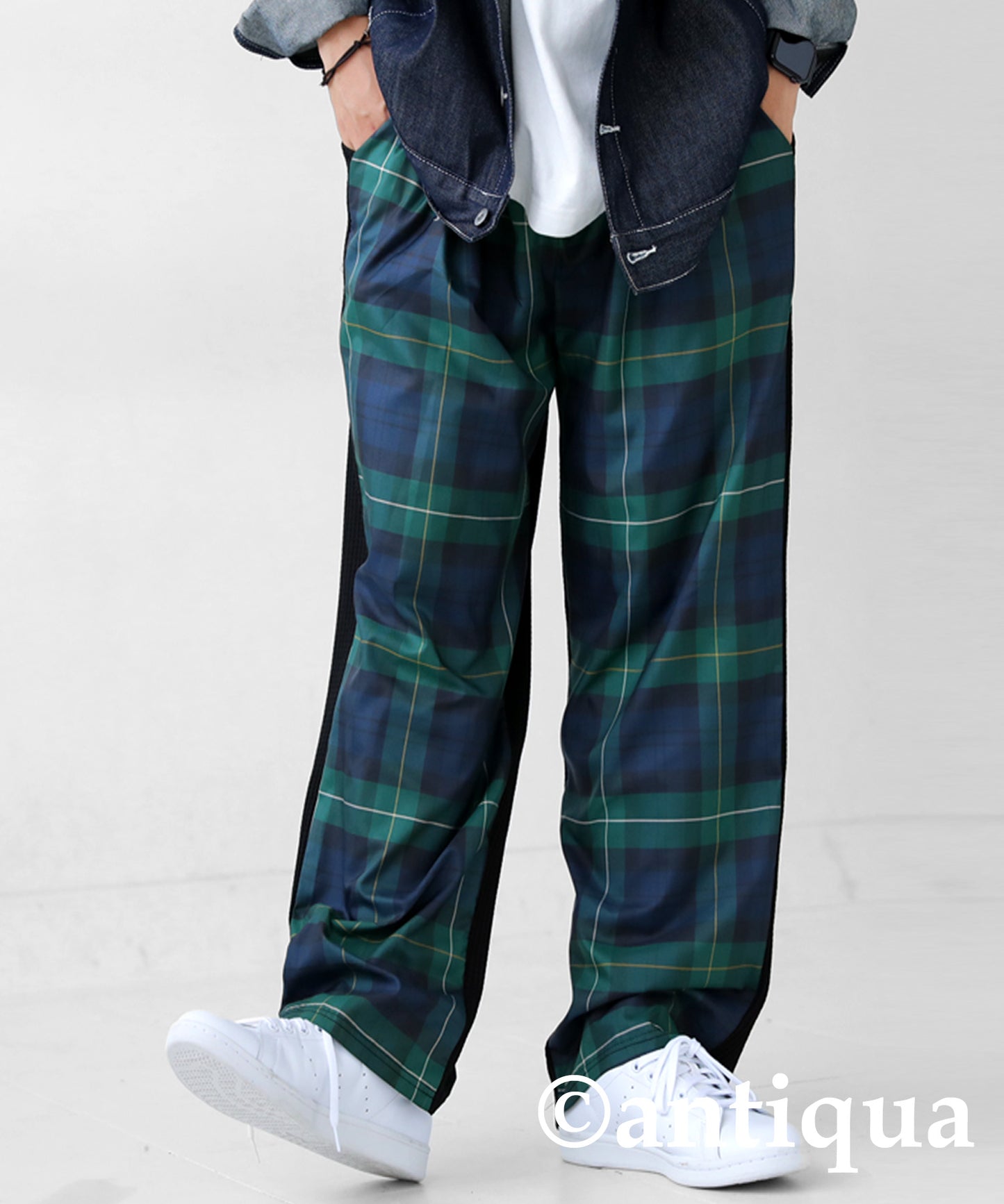 Different material switching check pants Men's