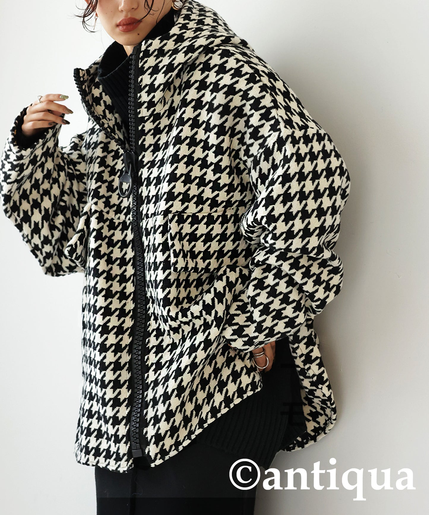 Houndstooth check Pattern Big Zip Blouson Ladies