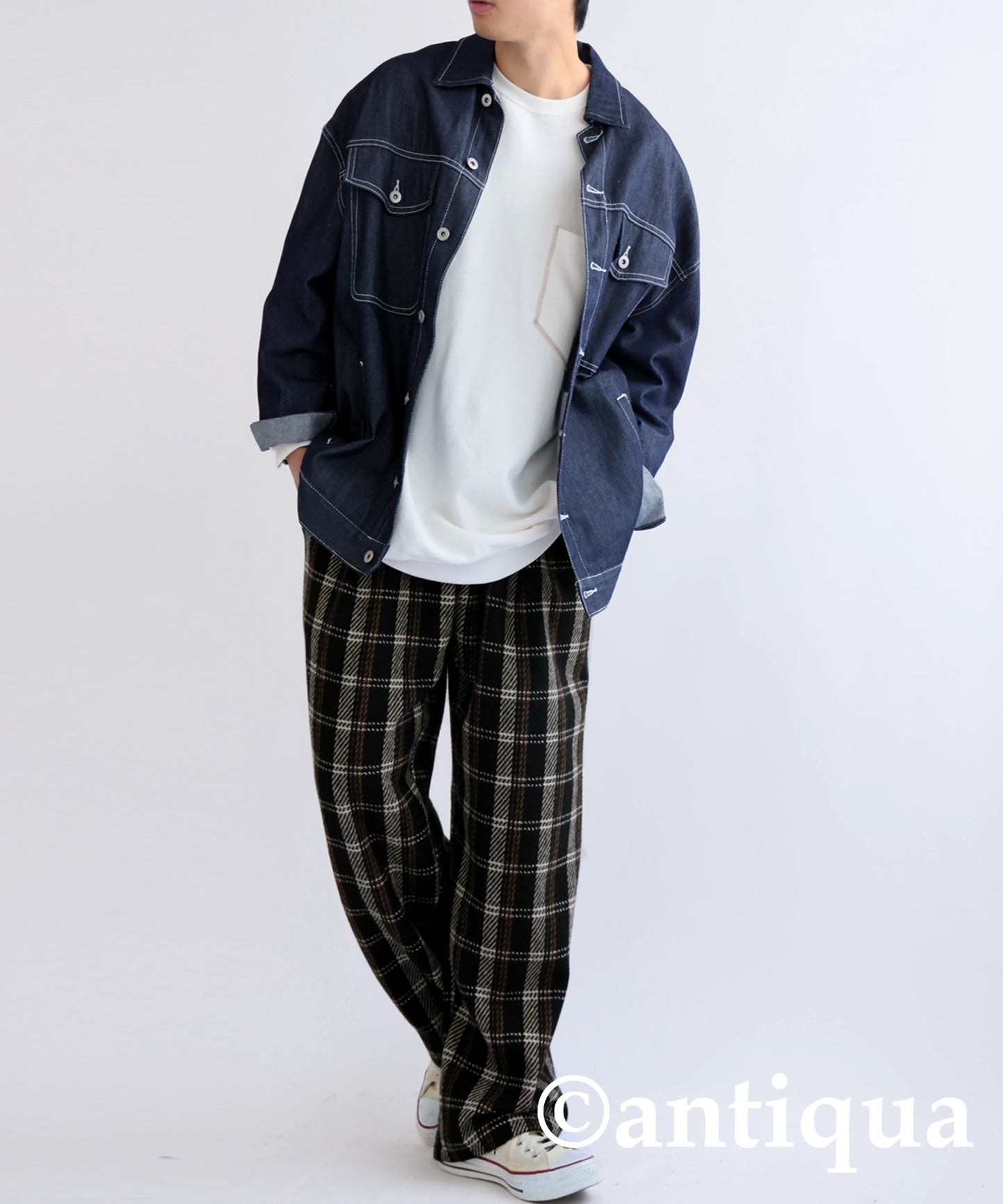 Check pattern wool mixed pants Men's