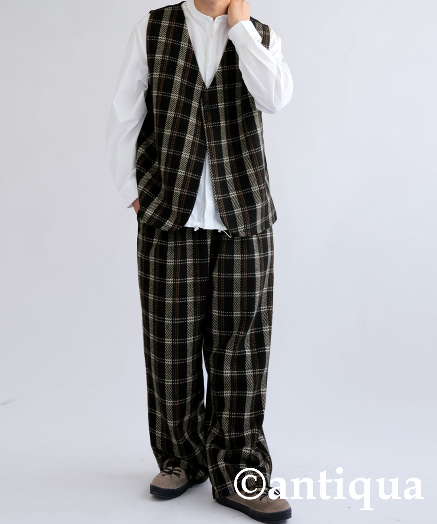 Check pattern wool mixed pants Men's