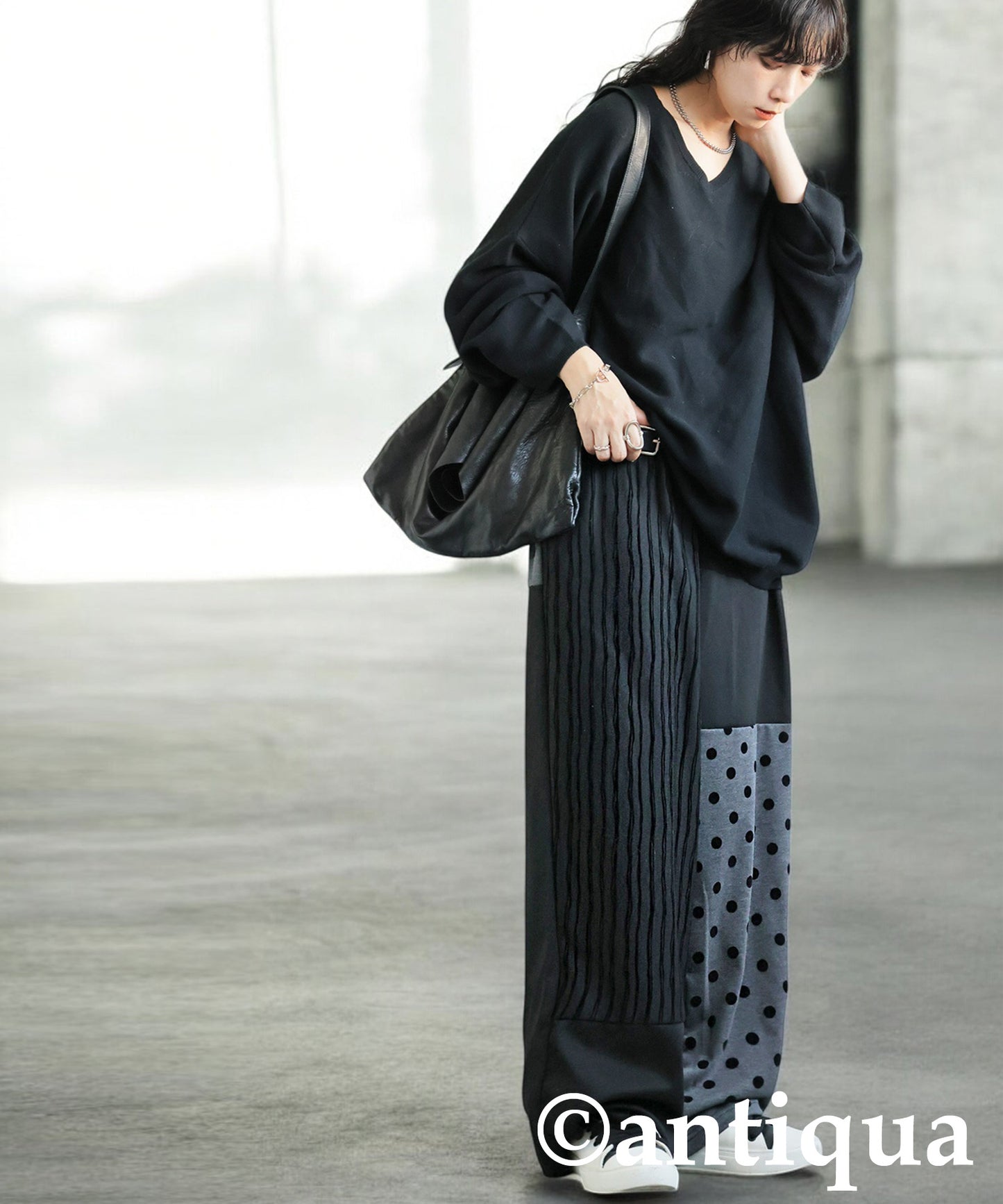 Dot And Stripe Switching Wide Pants Ladies