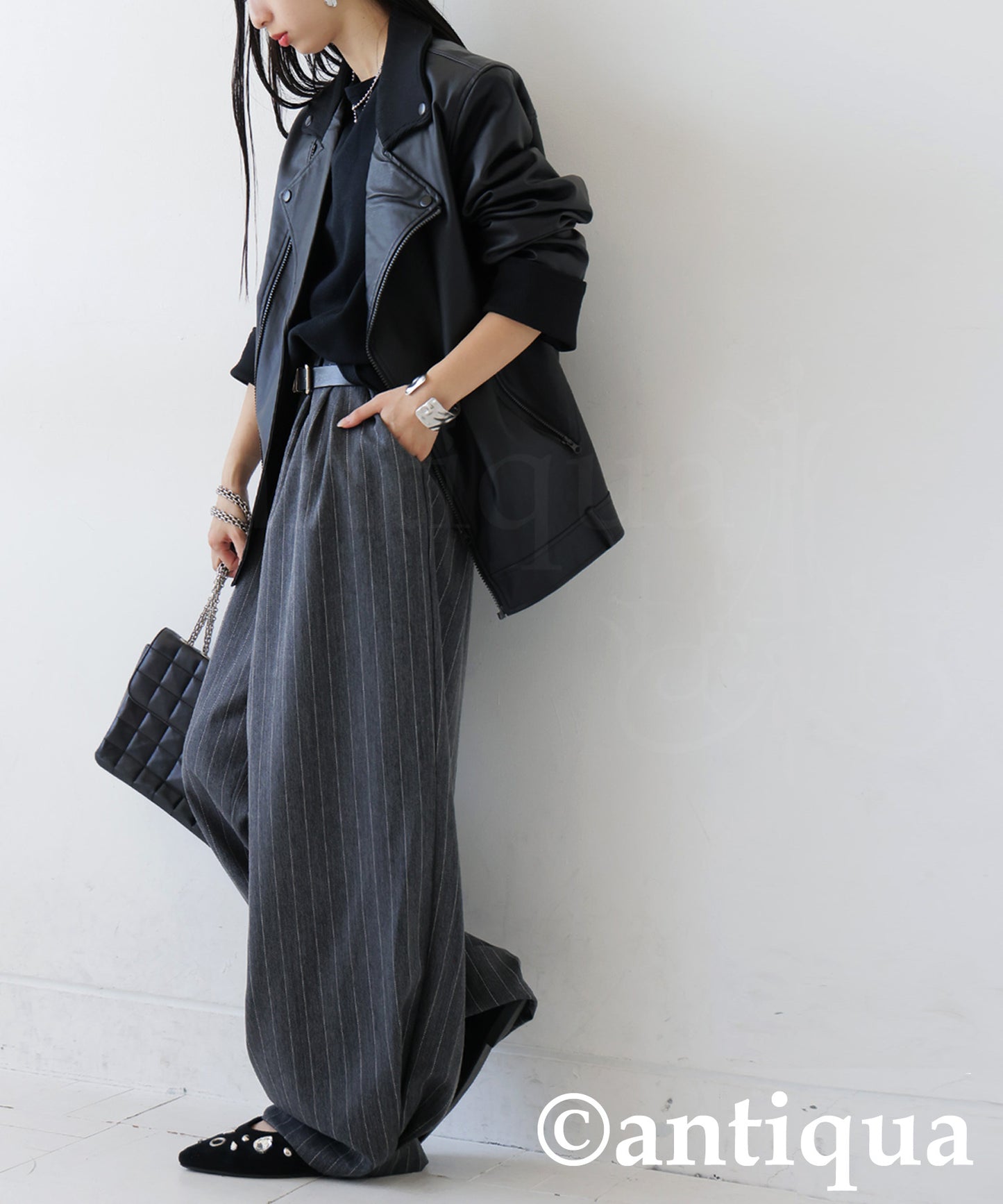 Herringbone Pattern Tuck Wide Pants Ladies