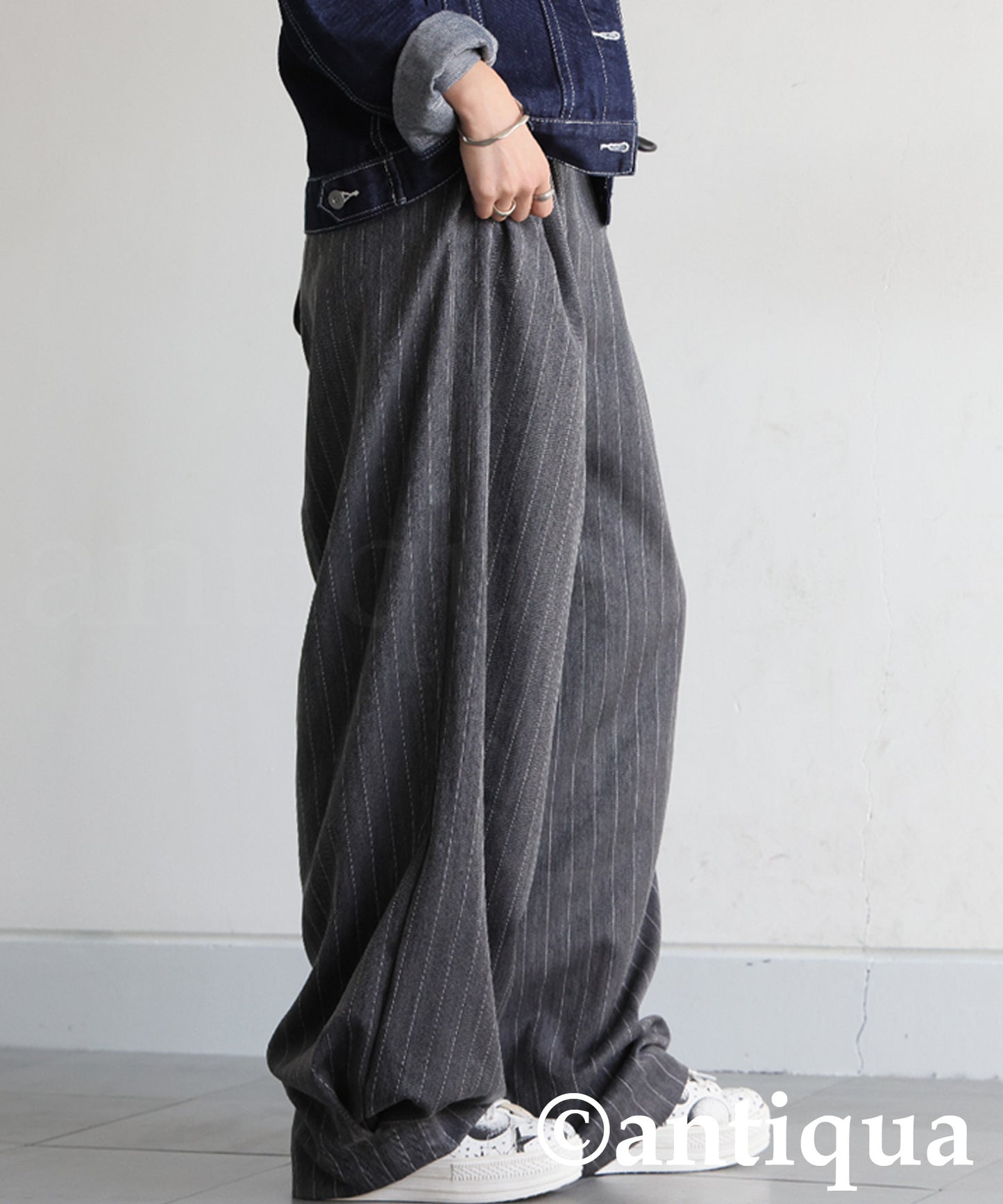 Herringbone Pattern Tuck Wide Pants Ladies